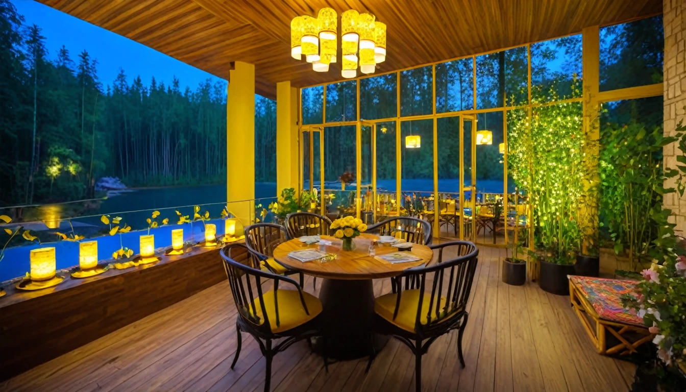 Luxurious 2-storey cafe in western style, bright yellow fire fireplace, mixing counter with bright neon LED lights, reading counter, many ornamental plants around, brilliant night lights next to pots of roses on a compact wooden table and chairs set. and a set of round wooden bamboo tables with bright lights. Outside the large window is a forest of yellow leaves and a beautiful blue lake, trees, a ceiling with many classic chandeliers, a bright night lamp on the table and a carpet with brocade motifs.