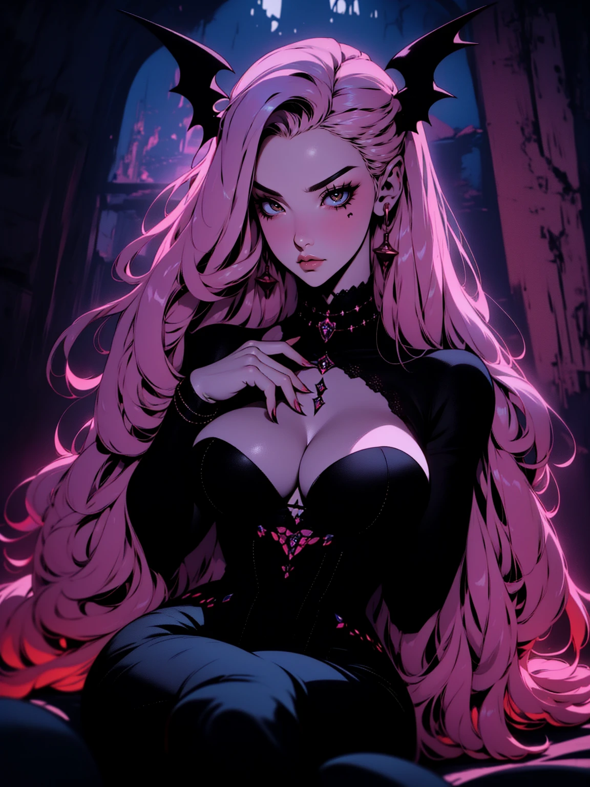 {-erro_de_anatomia:1.0} (best quality,4k,8k,highres,masterpiece:1.2) (masterpiece, top quality, best quality, official art, beautiful and aesthetic: 1.2), (1 woman: 1.3) Succubus girl, long pink hair , yellow eyes, (crystal eyes) succubus wings, black pant, black gloves,  attractive, moonlight, dinamic poses, sitting on the ground, looking back, perfect hands (perfect fingers), angry face, 