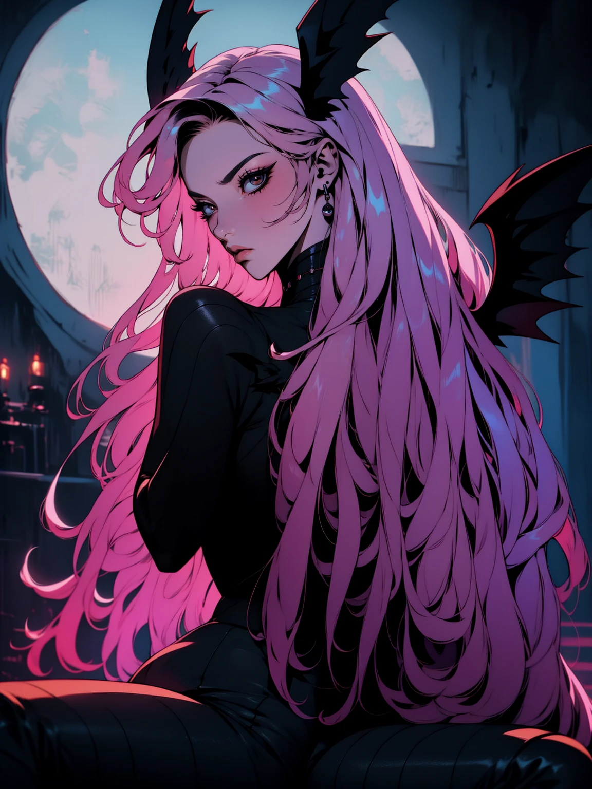 {-erro_de_anatomia:1.0} (best quality,4k,8k,highres,masterpiece:1.2) (masterpiece, top quality, best quality, official art, beautiful and aesthetic: 1.2), (1 woman: 1.3) Succubus girl, long pink hair , yellow eyes, (crystal eyes) succubus wings, black pant, black gloves,  attractive, moonlight, dinamic poses, sitting on the ground, looking back, perfect hands (perfect fingers), angry face, 