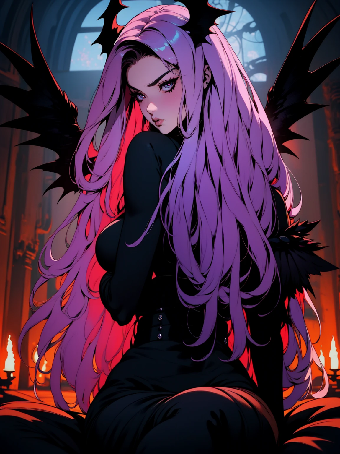 {-erro_de_anatomia:1.0} (best quality,4k,8k,highres,masterpiece:1.2) (masterpiece, top quality, best quality, official art, beautiful and aesthetic: 1.2), (1 woman: 1.3) Succubus girl, long pink hair , yellow eyes, (crystal eyes) succubus wings, black pant, black gloves,  attractive, moonlight, dinamic poses, sitting on the ground, looking back, perfect hands (perfect fingers), angry face, 