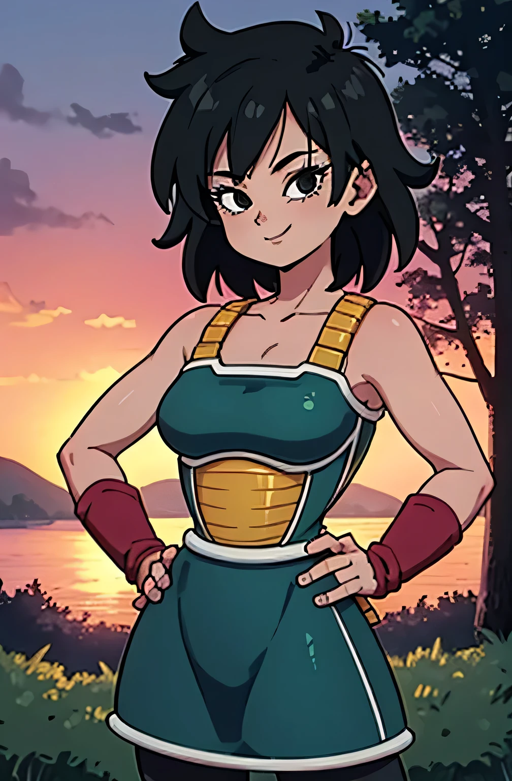 masterpiece, best quality, gine, saiyan armor, collarbone, green skirt, wristband, black pantyhose, upper body, smile, looking at viewer, field, trees, sunset sky, 1 girl, solo, hands on hip