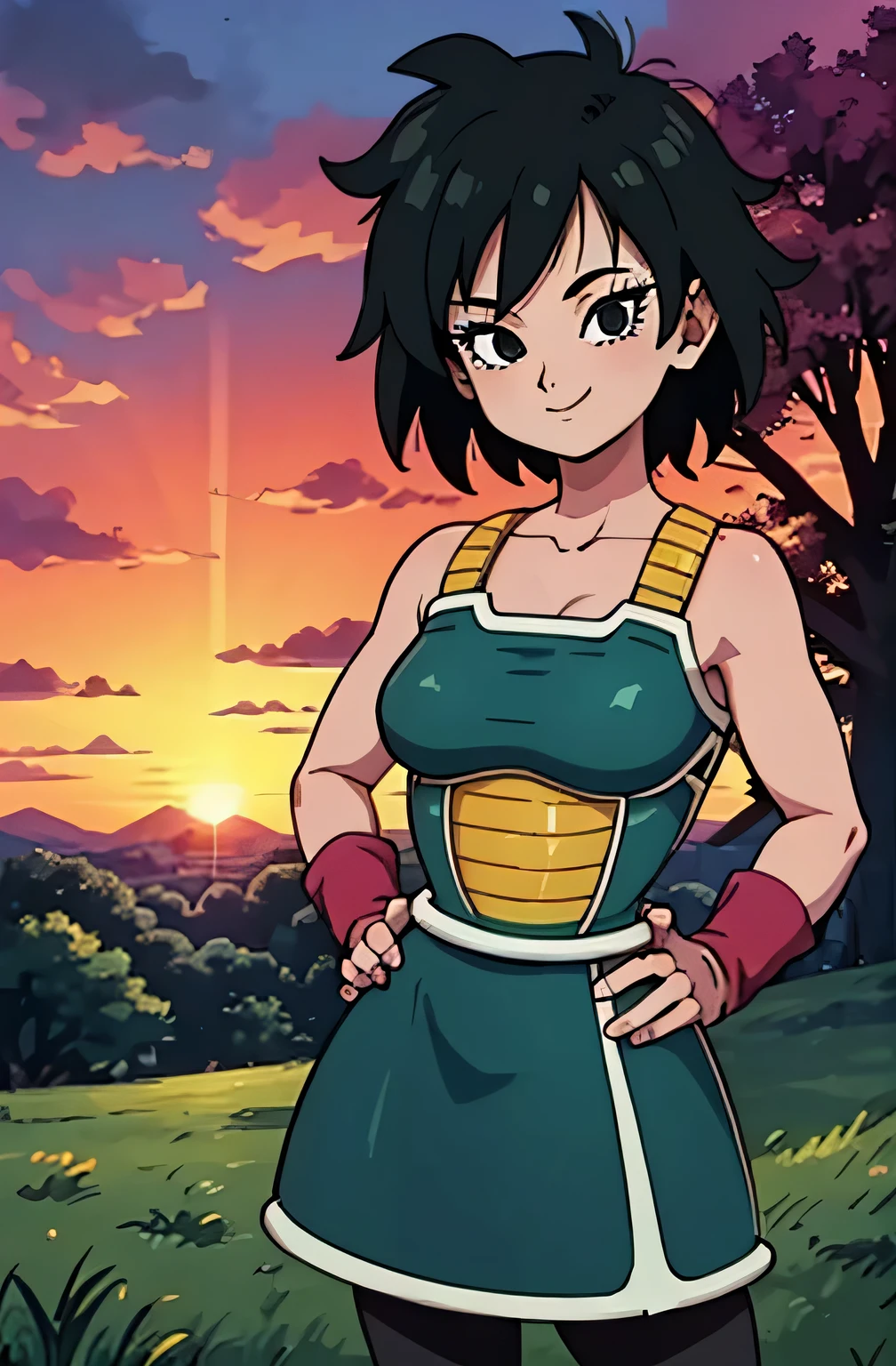 masterpiece, best quality, gine, saiyan armor, collarbone, green skirt, wristband, black pantyhose, upper body, smile, looking at viewer, field, trees, sunset sky, 1 girl, solo, hands on hip