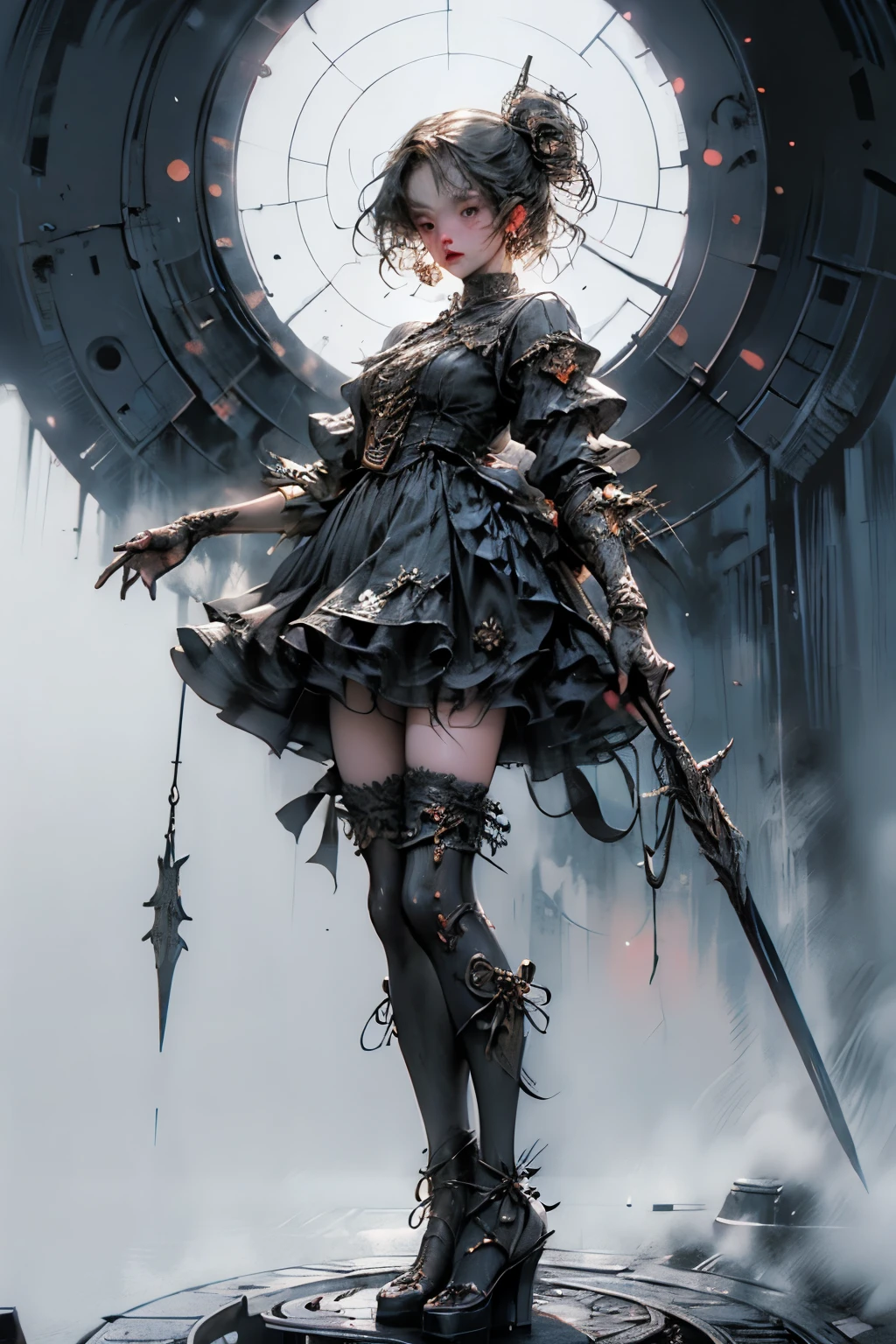 ((best quality)), ((masterpiece)), (detailed), perfect face ((best quality)), ((masterpiece)), (detailed), blank white background, plain background, white background, Bloodborne inspired,  occult aesthetic, occult, detailed and intricate steampunk and detailed gothic, (zentangle, mandala, tangle, entangle),  NSFW, torn clothing, Very dramatic and cinematic lighting, cosmic horror, grim-dark, side-lighting, perfect face, a beautiful goddess adorned and enshrined in armour, Bloodborne inspired , occult aesthetic , occult , detailed and intricate steampunk and detailed gothic , wielding a sword and holding a shield, NSFW, Fluttering lace flared short dress with frilly petticoats, knee length dress, pleated petticoats, lolita dress, petticoats gothic lolita, side-lighting, gothic lolita aesthetic, beautiful small breasts, small breasts, full body, whole body, body, plain background, white background, blank background, no background, white background NSFW, full body, whole body, head-to-toe