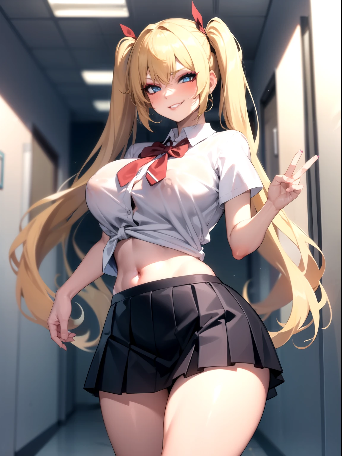 1girl,blonde hair, blue eyes, twintail,tight shirt, school uniforms,miniskirt,school hallway,lrge breasts, sagging breasts,(makeup:1.1),lipstick ,smirk, groin, navel