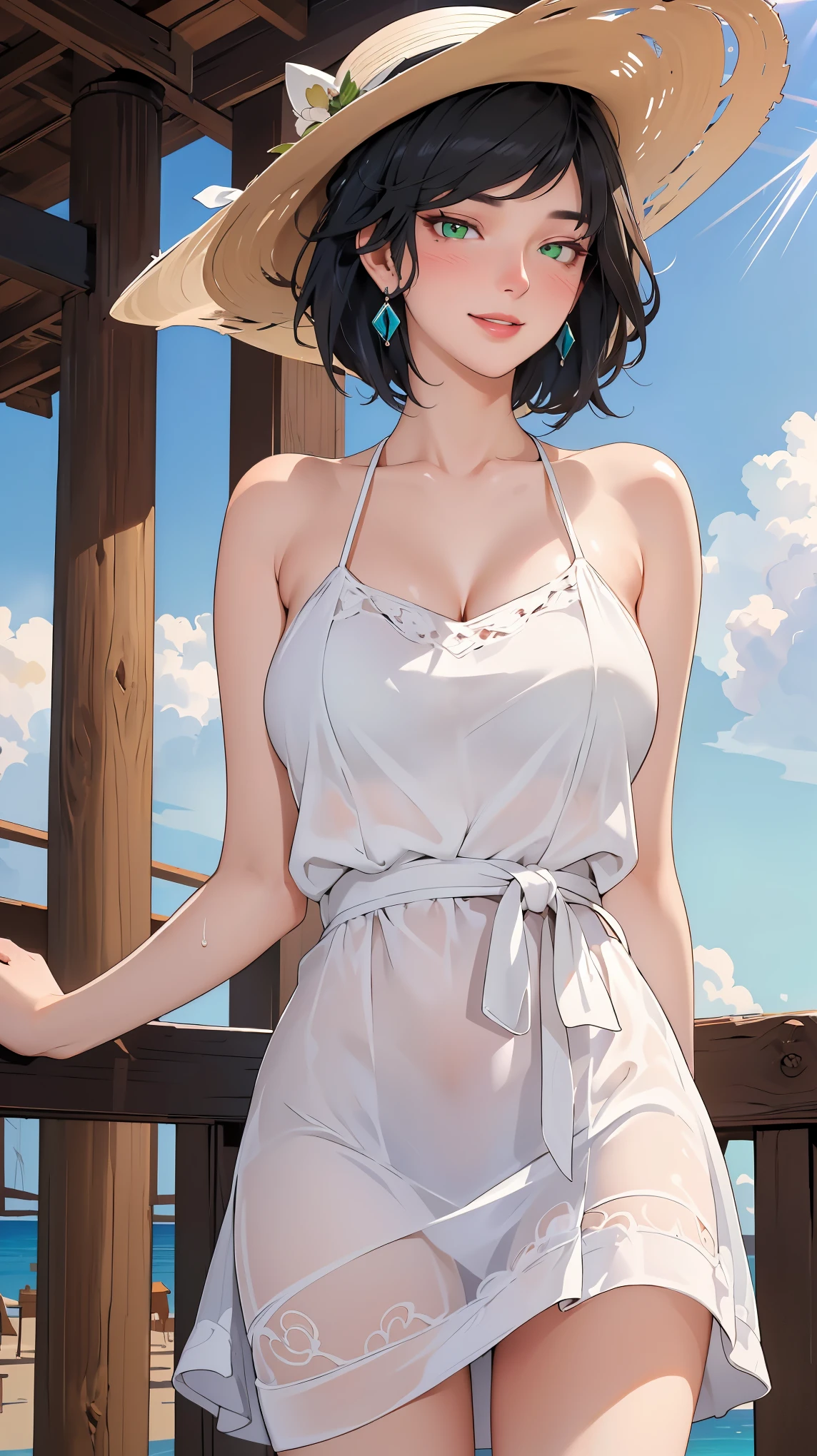 ((((masterpiece, best quality, high resolution)))), Extremely detailed 8K, Beautiful girl with voluptuous body, (Ultra HD, Ultra-detailed, Highly detailed, Highly realistic, Ultra-realistic, photograph realistic), (1girl:1.5), (Realistic black hair), (short wavy hair, hair ornaments, earrings), (dynamic poses), facing at camera, looking at viewer, (blushing red, embarrassed, smile), (green eyes, sharp eyes), (big perky breasts:1.2), (beautiful detailed face, beautiful detailed eyes), ((white loose sundress, oversized sunhat)), (detail pussy), (standing up), sweat, glow, (sunbeam, sunlight), ((cowboy shot)), beach, seductive