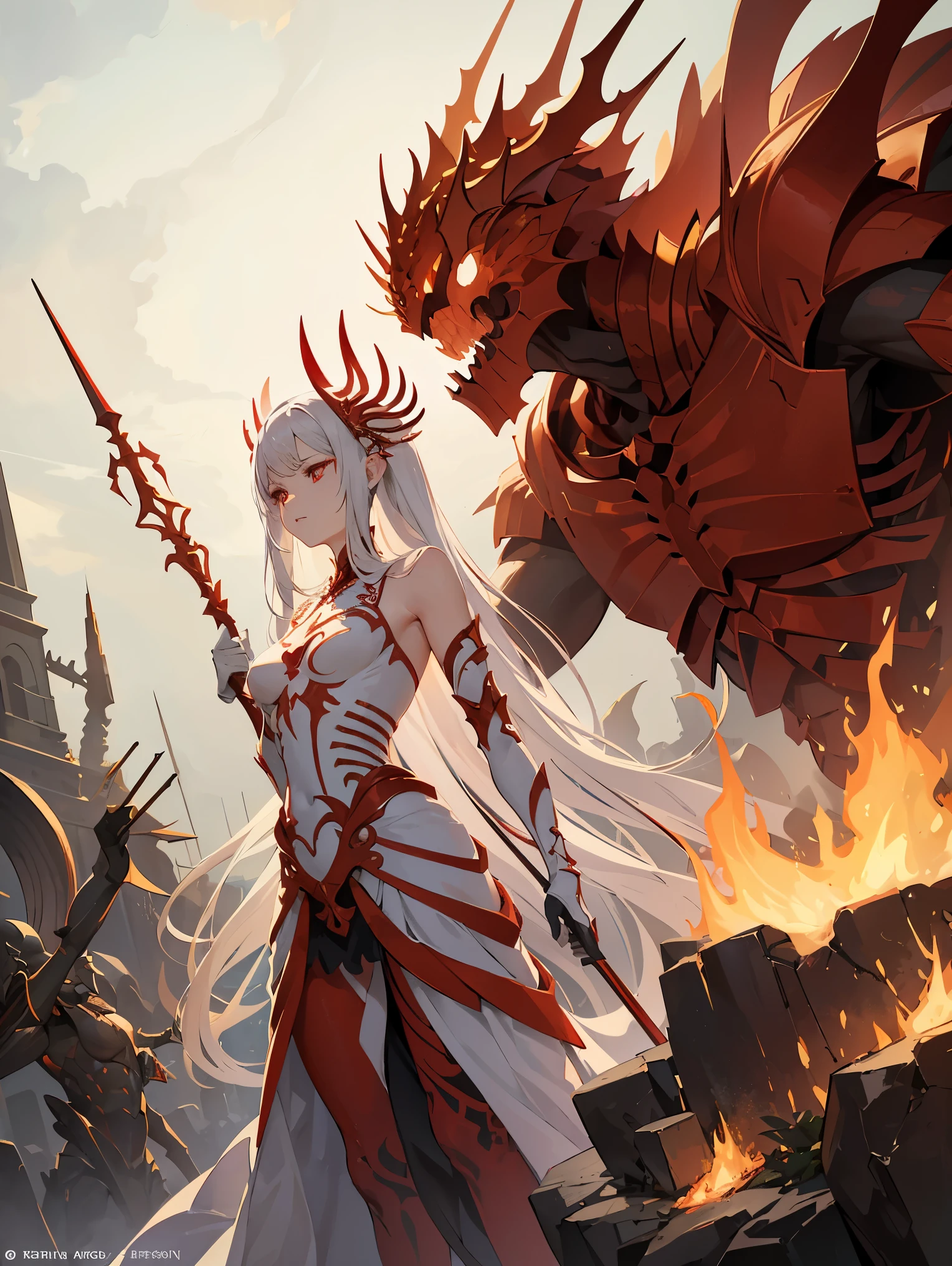 Dress: She wears a skin-tight white and red sea animal skeleton armor with an intricate design, many spikes and decorative red lines.
Posture: Holding a long ancient spear in the right hand, the overall posture is very strong and threatening.
Background: The character stands amid fire and smoke in what appears to be a burning battlefield or hell scene.
