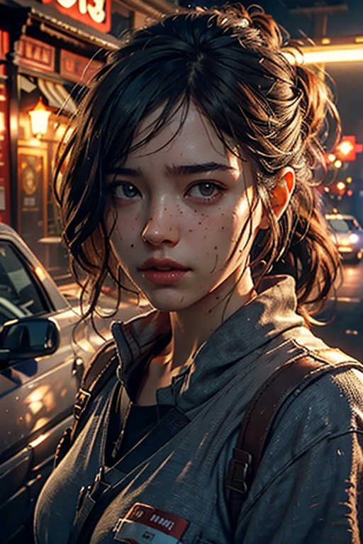(the last of us:0.9), (Ellie:0.9), natural hair, realistic portrait, 4k, supreme detail, highly detailed, artstation, soft focus, sharp, cinematic lighting, facing the camera, dark studio, rim lighting, two-tone lighting, poorly lit, discreet,