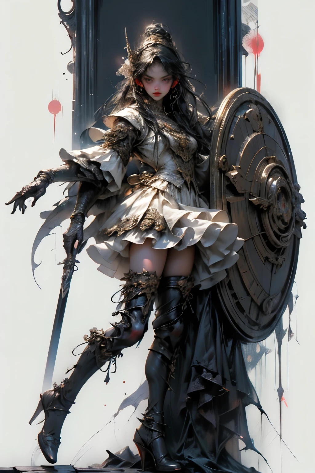 ((best quality)), ((masterpiece)), (detailed), perfect face ((best quality)), ((masterpiece)), (detailed), blank white background, plain background, white background, Bloodborne inspired, occult aesthetic, occult, detailed and intricate steampunk and detailed gothic, (zentangle, mandala, tangle, entangle), NSFW, torn clothing, Very dramatic and cinematic lighting, cosmic horror, grim-dark, side-lighting, perfect face, a beautiful goddess adorned and enshrined in armour, Bloodborne inspired , occult aesthetic , occult , detailed and intricate steampunk and detailed gothic , wielding a sword and holding a shield, NSFW, Fluttering lace flared short dress with frilly petticoats, knee length dress, pleated petticoats, ta dress, petticoats gothic loliside-lighting, gothic lolita aetic, beautiful small breasts, small breasts, full body, whole body, body, plain background, white background, blank background, no background, white background NSFW, full body, whole body, head-to-toe