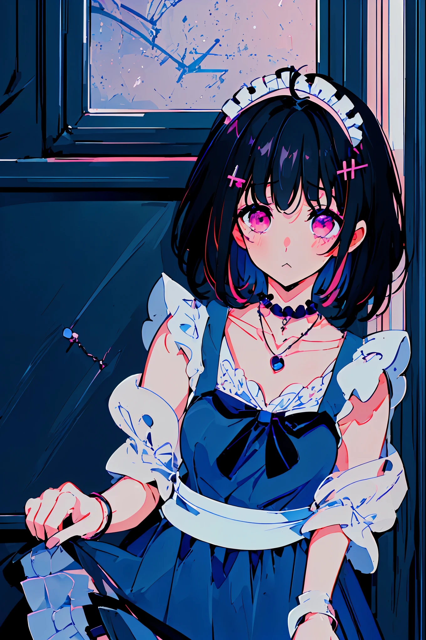 {{{{masterpiece}}}}, {{{Super detailed}}}, {{{high resolution}}},{{high resolution:1.3}}, {{good anatomy}}, (((best quality))), ((in school,indoor,blue theme,anime style,anime girl)),(((pink eyes,black hair streaked blue inside))),(big perfect eyes),((yandere,dark eyelash)),(((maid outfit in pale blue color,collarbone, hair ornament, blueberry,maid dress, jewelry, choker,necklace,dark atmosphere,night time))), hairclip, {8k cg wallpaper}, {{illustration,zoom in,focus on face,close-up shot, looking out of window}},((floating hair|blunt bangs|short hair|curly hair))smile,(1girl:1), bride,solo,alone,(Color difference:1.2),emotionless,blushing,neat face,(medium breasts),((The details are complex、Shallow depth of field、weak lighting、a Canon EOS R5、50mm lens、f / 2.8、shot at 8k resolution))