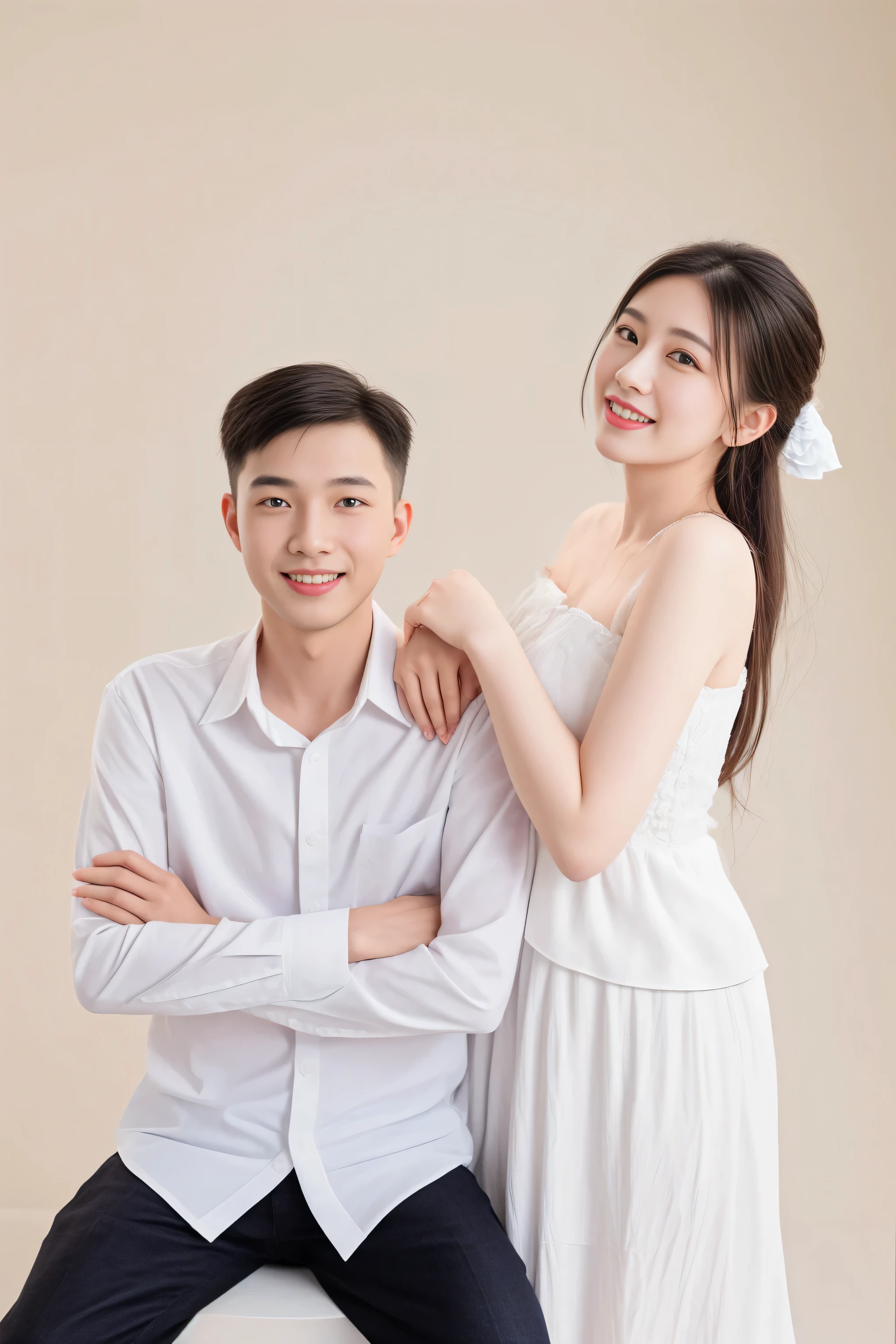 there is a man and woman posing for a picture together, lovely couple, happy couple, couple portrait, couple pose, smiling couple, couples portrait, wearing white cloths, couple, wedding photo, wearing white clothes, portrait of two people, close - up studio photo, man and woman, asian man, asian human, ruan jia and fenghua zhong