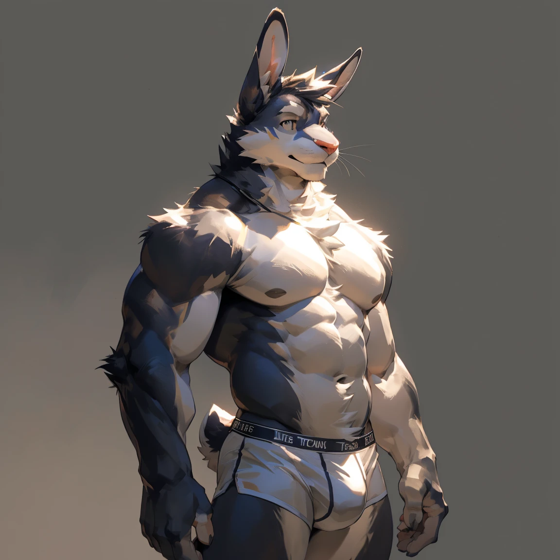 Solo, male, medium muscular, rabbit, dog, light gray rabbit, in white ?????????, ?????????, ((focus body, furry focus, shadows focus, body shadows)) nice body, standing, posing, model, light, shades, 4k, high quality (((gray background, gray wallpaper, one color))), by darkgem, by mystikfox61