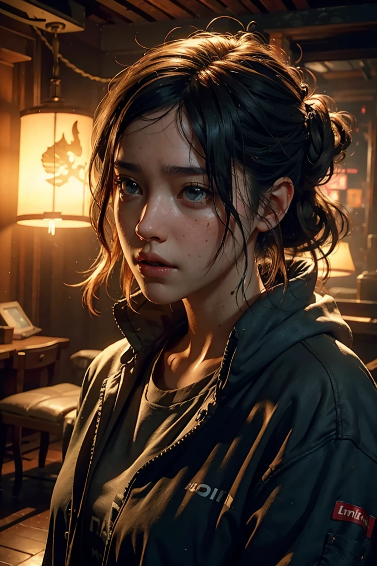 (the last of us:0.9), (Ellie:0.9), natural hair, realistic portrait, 4k, supreme detail, highly detailed, artstation, soft focus, sharp, cinematic lighting, facing the camera, dark studio, rim lighting, two-tone lighting, poorly lit, discreet,