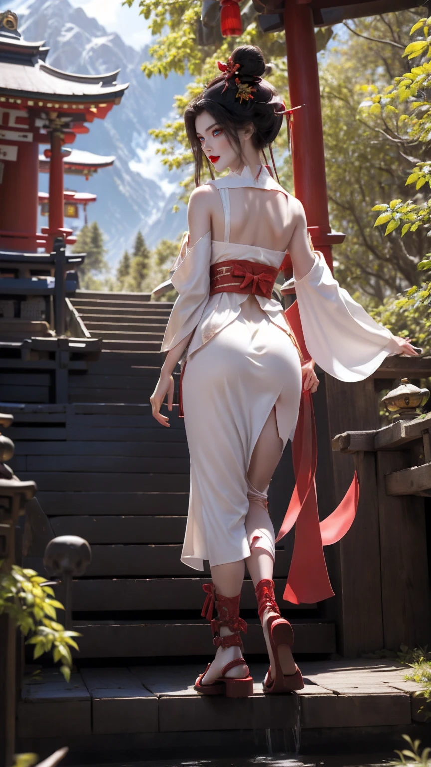 ((masterpiece,best quality)),outdoor, Red Torii, Tree, stairs,, 2 girls, Shrine maiden,Shrine maiden, looking at the audience, look back,, Red Legwear, red Ribbon, Black Hair,樱flower, sky, flower, Hair Bun, hair Ribbon, Japanese clothes, kimono, long hair, Cat ears, small flowers,, Multiple girls, Red Eyes, Red hair, Ribbon, sandals, single Hair Bun, permanent,clog sandals,white kimono, Yellow eyes,火flower,High Leg Raise,