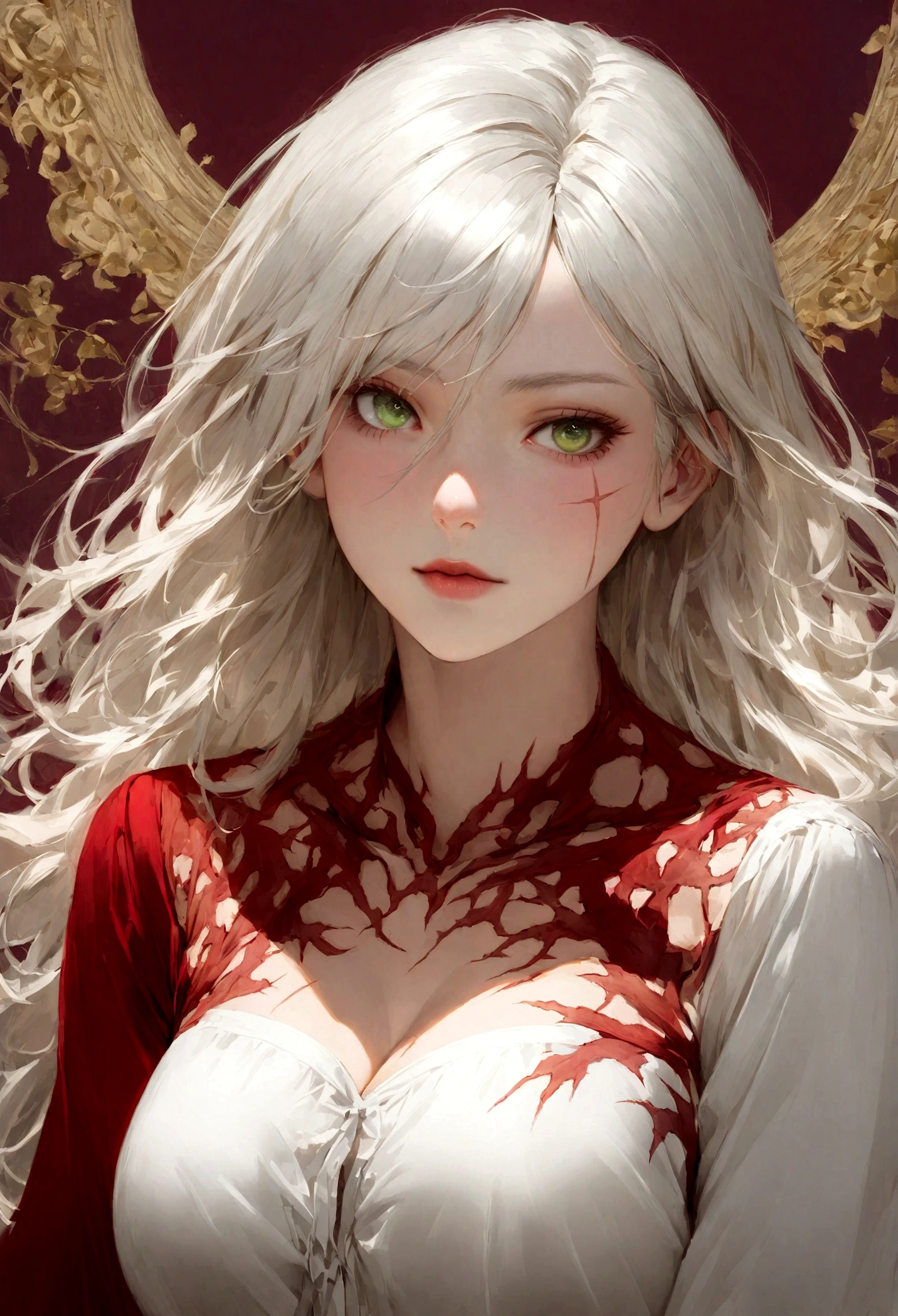(((a deep reddish wound crosses her left cheek))) fair complexion, woman about 19 years old, natural white hair, characteristic green eyes, wear color, slender and graceful, Beautiful, ultra sharp focus, realistic shot, notebook colors (scar:1.4), Big Tits, Red Lingeri, whole body