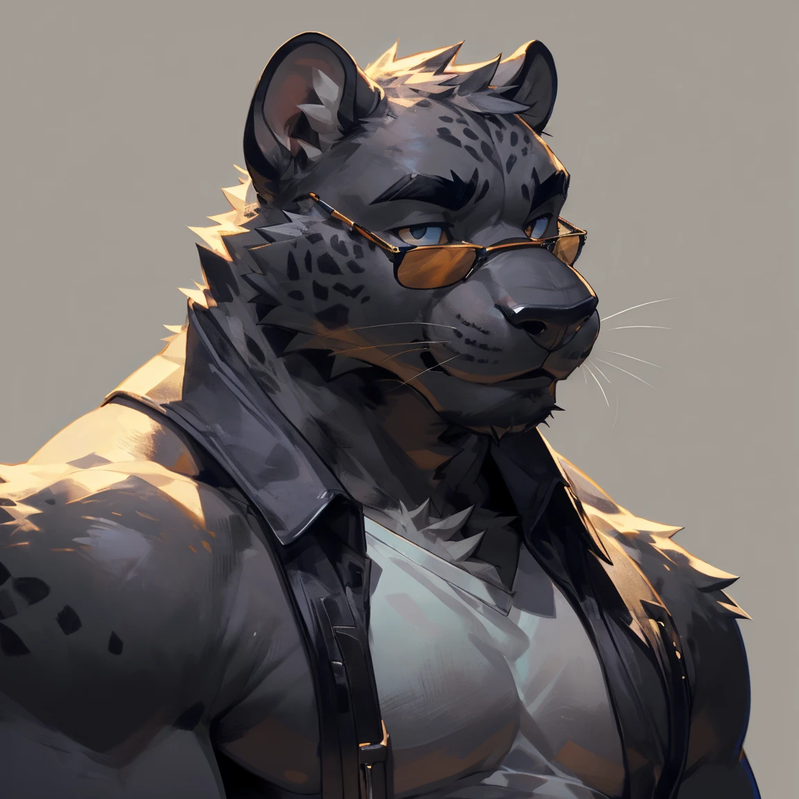 Solo, male, medium muscular, black jaguar, in white underwear, underwear, ((focus body, furry focus, shades focus, body shades)) (((gray background, gray wallpaper, one color))), by darkgem, by mystikfox61, by glitter trap boy
