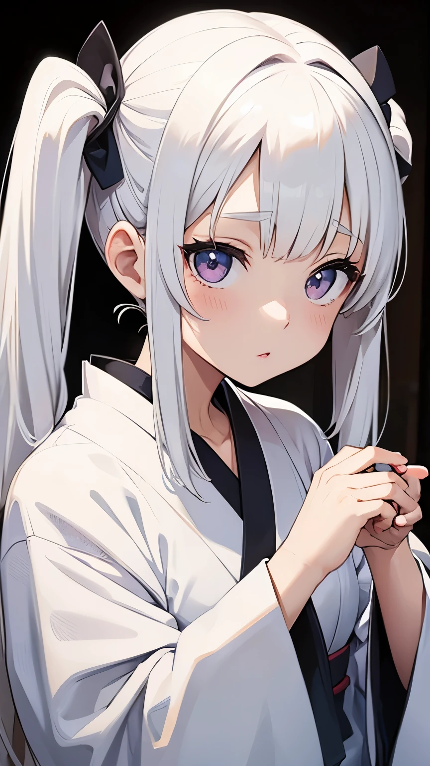 Japan Anime Taste　White Hair Girl　mysterious　Her hairstyle is twin tails.