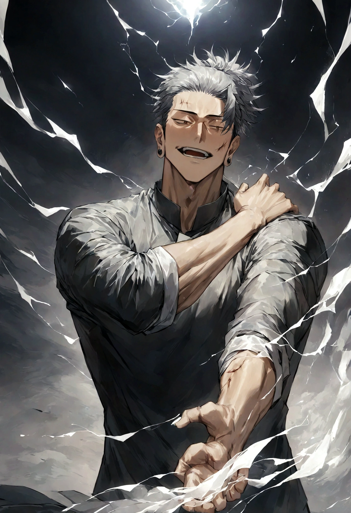 1 boy, Men&#39;s Center, Satoru gojou,Jujutsu Kaisen、Injury, electricity,, masterpiece, highest quality, so beautiful,、cool、、strongest、