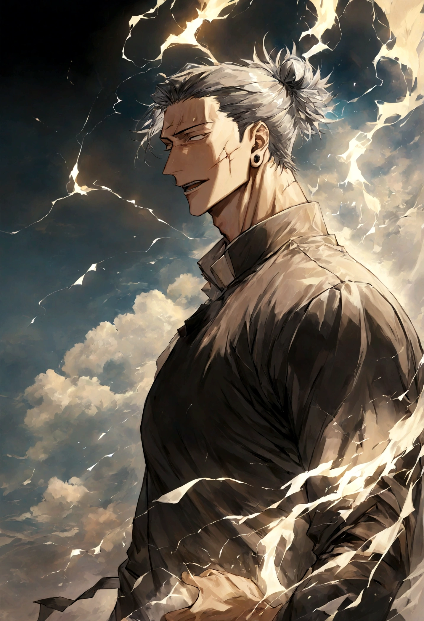 1 boy, Men's Center, Satoru gojou,Jujutsu Kaisen、Injury, electricity,, masterpiece, highest quality, so beautiful,、cool、、strongest、