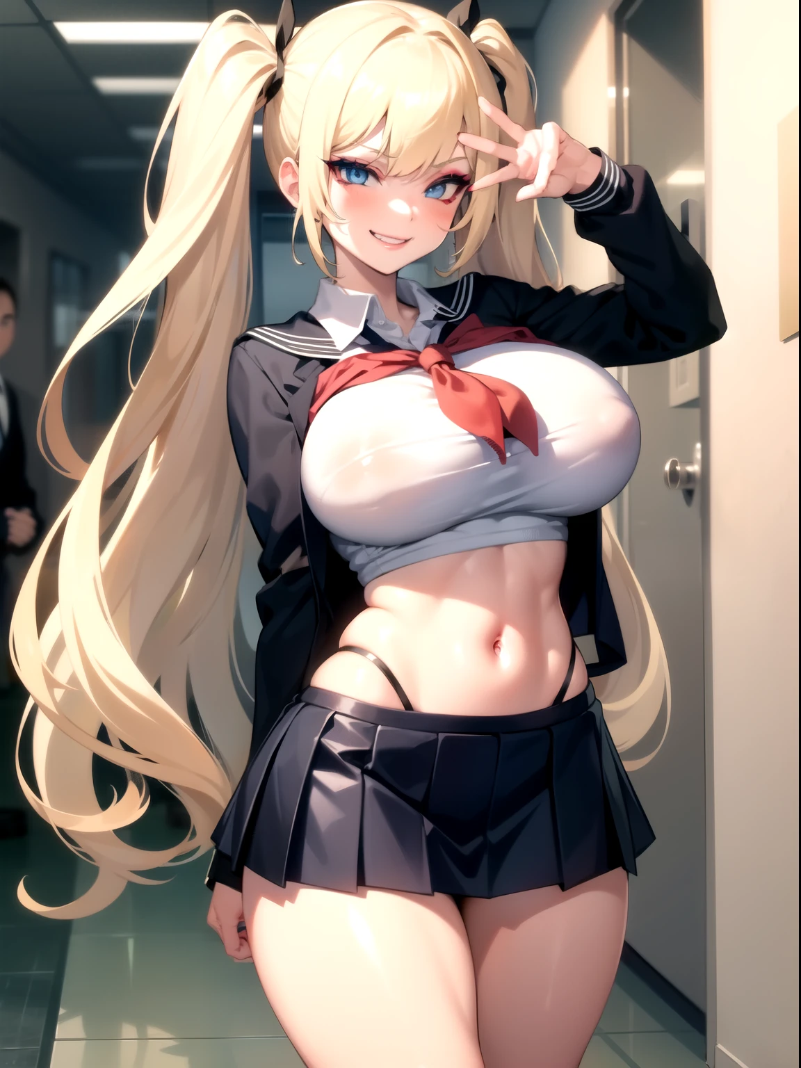 1girl,blonde hair, blue eyes, twintail,tight shirt, school uniforms,miniskirt,school hallway,large breasts, sagging breasts,(makeup:1.1),lipstick ,smirk, groin, navel, low skirt