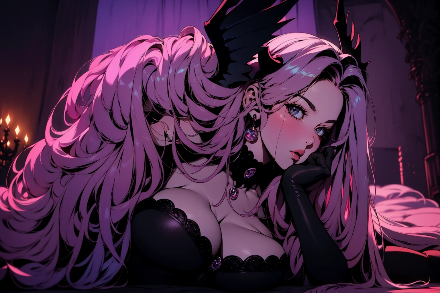 {-erro_de_anatomia:1.0} (best quality,4k,8k,highres,masterpiece:1.2) (masterpiece, top quality, best quality, official art, beautiful and aesthetic: 1.2), (1 woman: 1.3) Succubus girl, long pink hair , yellow eyes, (crystal eyes) succubus wings, black pant, black gloves, attractive, moonlight, dinamic poses, laying on the ground, perfect hands (perfect fingers), angry face,