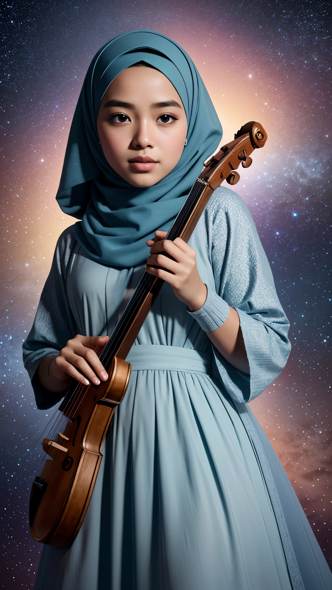 Generate an artistic scene depicting a Malay girl in hijab playing a traditional instrument under a celestial sky filled with musical notes and constellations. Convey the harmony of music and the cosmos, 8mm lens, Extreme close-up, pastel color grading, depth of field cinematography effect, film noir genre, 8k resolution, high quality, ultra detail,