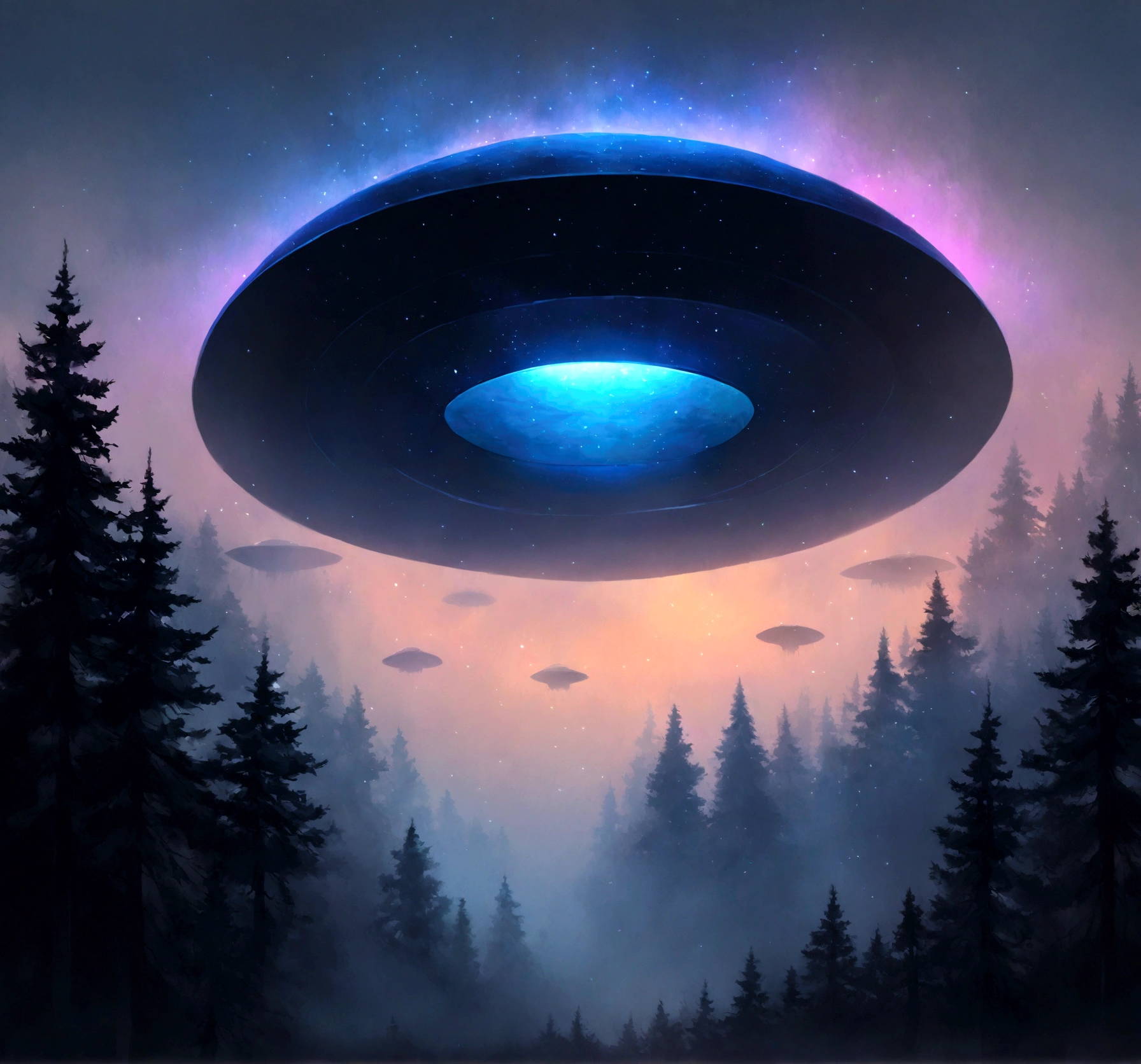 A photorealistic image of strange ufo lights in the sky hovering over a dark, misty forest. The lights are pulsating and changing colors, and they are casting eerie shadows down on the trees below. The forest is shrouded in darkness,
