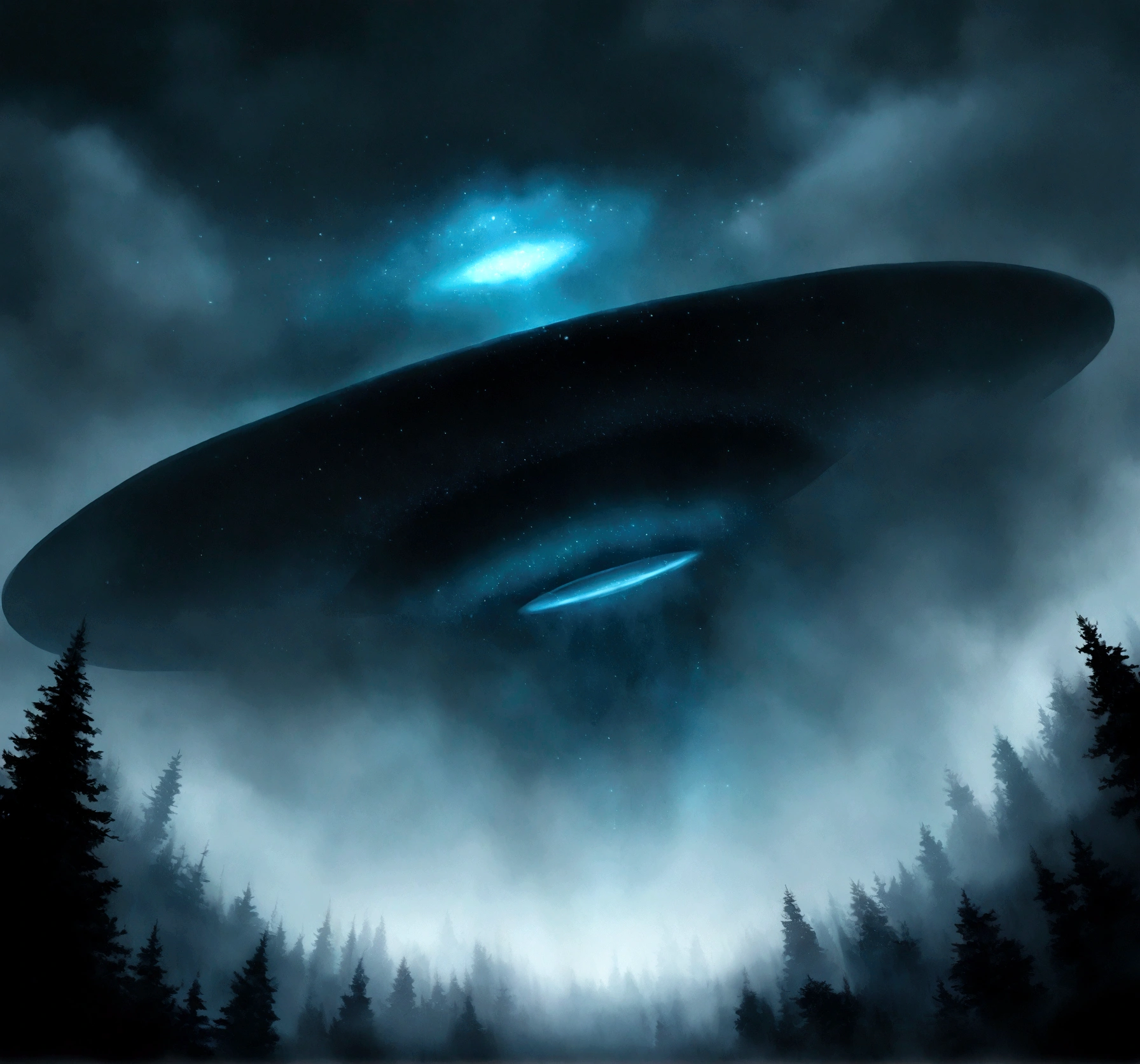 A photorealistic image of strange ufo lights in the sky hovering over a dark, misty forest. The lights are pulsating and changing colors, and they are casting eerie shadows down on the trees below. The forest is shrouded in darkness, 