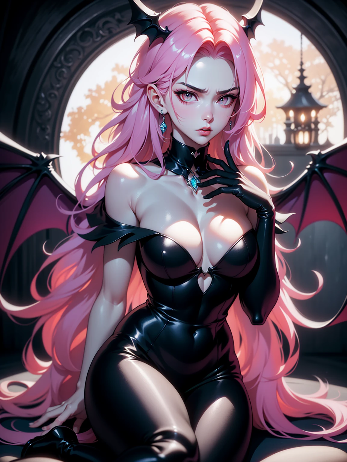 {-erro_de_anatomia:1.0} (best quality,4k,8k,highres,masterpiece:1.2) (masterpiece, top quality, best quality, official art, beautiful and aesthetic: 1.2), (1 woman: 1.3) Succubus girl, long pink hair , orange eyes, (crystal eyes) succubus wing, black pant, black gloves,  attractive, moonlight, dinamic poses, perfect hands (perfect fingers), sitting on the ground, backwards, looking back, angry face, cruel face