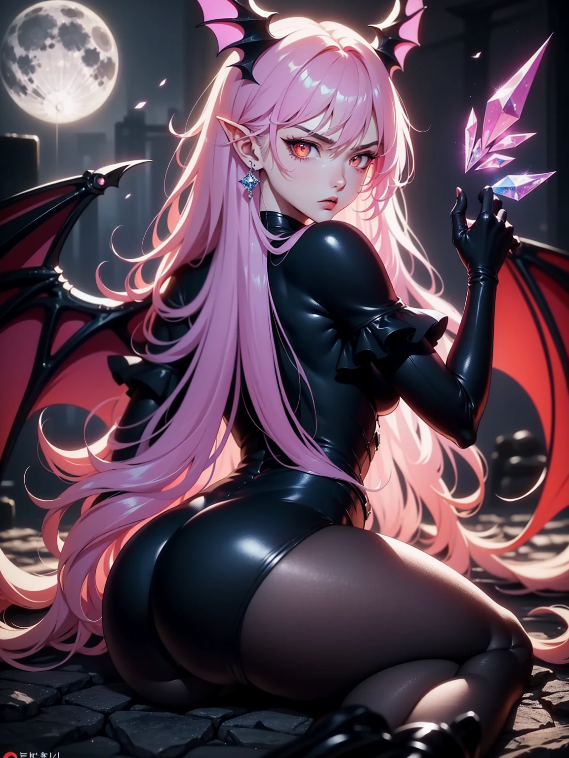{-erro_de_anatomia:1.0} (best quality,4k,8k,highres,masterpiece:1.2) (masterpiece, top quality, best quality, official art, beautiful and aesthetic: 1.2), (1 woman: 1.3) Succubus girl, long pink hair , orange eyes, (crystal eyes) succubus wing, black pant, black gloves, attractive, moonlight, dinamic poses, perfect hands (perfect fingers), sitting on the ground, backwards, looking back, angry face, cruel face