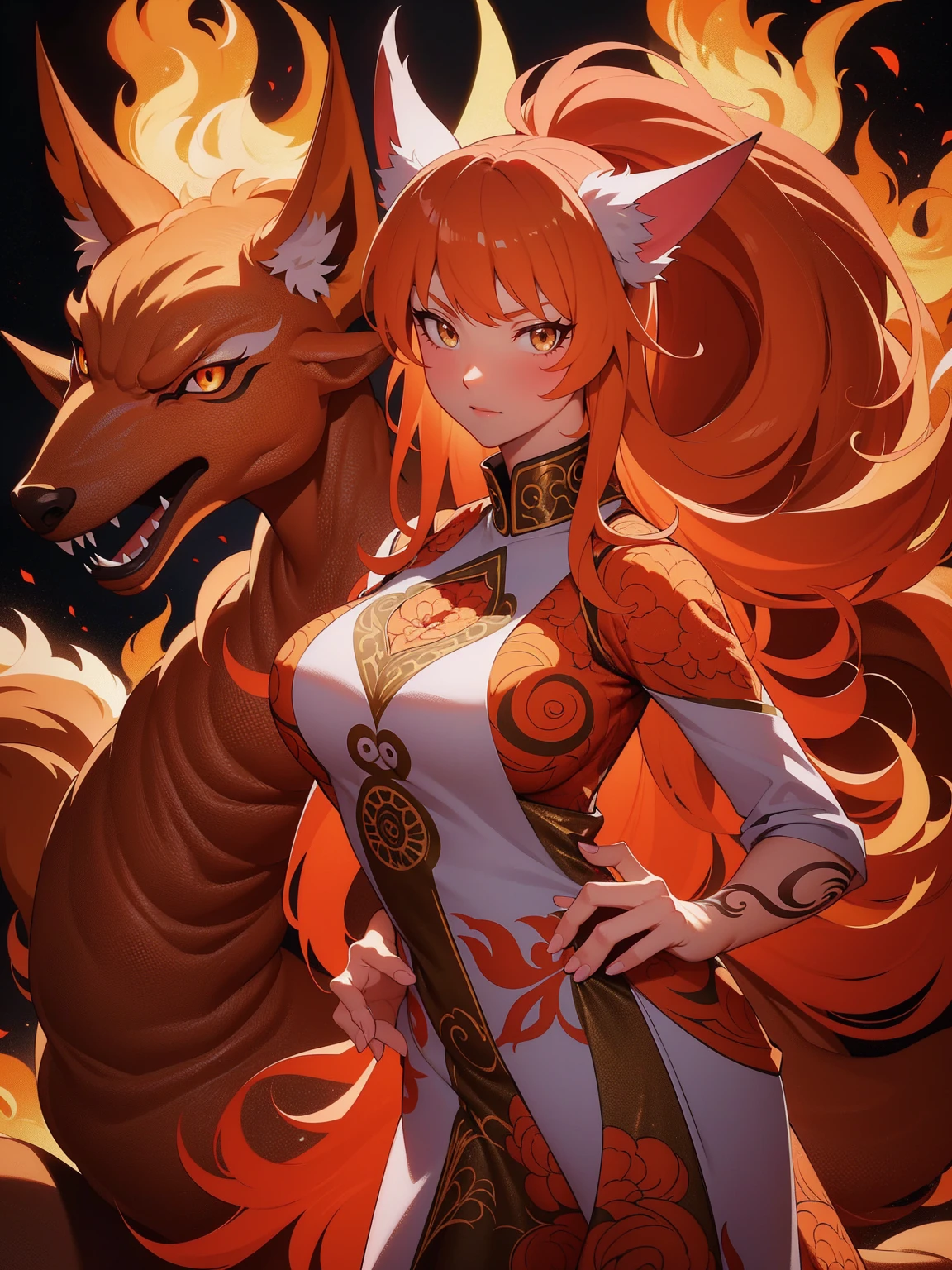 REALISTIC VISION 1.4, BETTER VAE,sharp focus, ultra detail, 32k,realistic photo, intricate details, kitsune, orange hair, oranfe eyes, intricate details ,woman, nine tails, intricate details,intricate details,big , Voluptuous body, intricate details, Miko, clothes long white dress with red details intricate details, tattoos intricate details, full body, with a orange nine tails fox , kiuubi (kurama, naruto), angry face, backwards, looking back