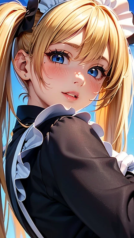 A girl is posing for a photo,pretty girl,Enchanting girl,Anime Girls,
(((One Girl,Baby Face,))),
((Black maid outfit)、(Black Pantyhose、Dark brown long boots)、(White gloves)),
((Blonde)、Twin tails),(Drooping eyes,blue eyes),(Small breasts),
BREAK
(Beautiful Hair,Shiny Hair),
(Expression of fine eyes,Beautiful and delicate eyes,Sparkling eyes,Eye Reflexes),
(double eyelid,Long eyelashes),
(Beautiful Nose,Thin Nose),
(Glossy lips,Beautiful Lips,Thick lips),
(Symmetrical facial features,Perfect Face),(((Detailed skin,Oily skin,Textured skin,Beautiful Skin))),
break
(Big smile、Embarrassed),
((noon、Study)),((Are standing、Back view, Angle from below、Upper Body Shot)),
break
(((highest quality)),((masterpiece)),((Very detailed))),((High resolution),(8k),(16k,1080p),(Anime 2D Rendering)),(Anatomically correct),
((Realistic)), (The best CG),Highly detailed art,CG illustration,