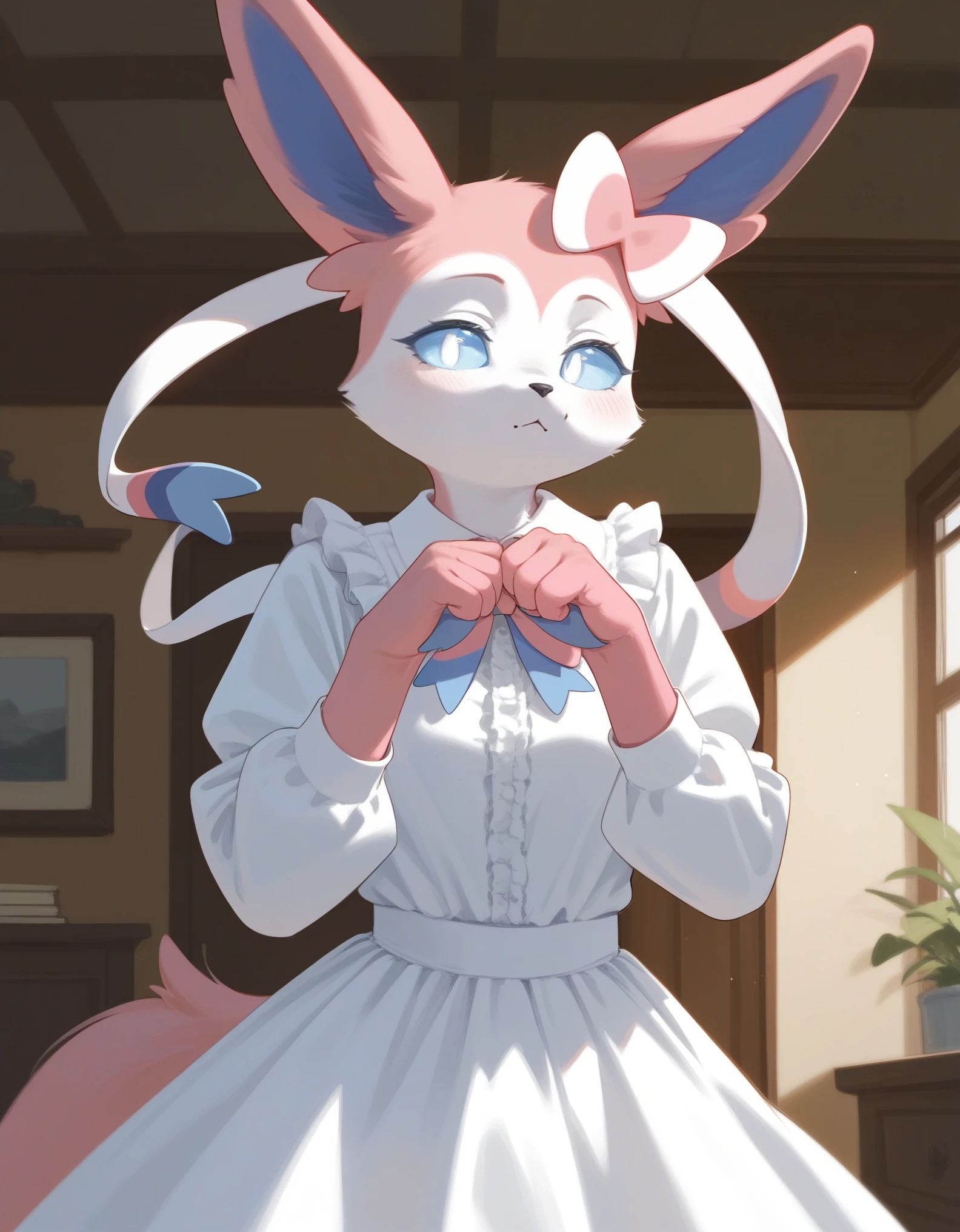 alone, score_9,score_8_up,score_7_up, an anthro furry female sylveon girl, black sclera, white eyes, wearing maid dress, bottomless, vagina, embarrased, blushing.