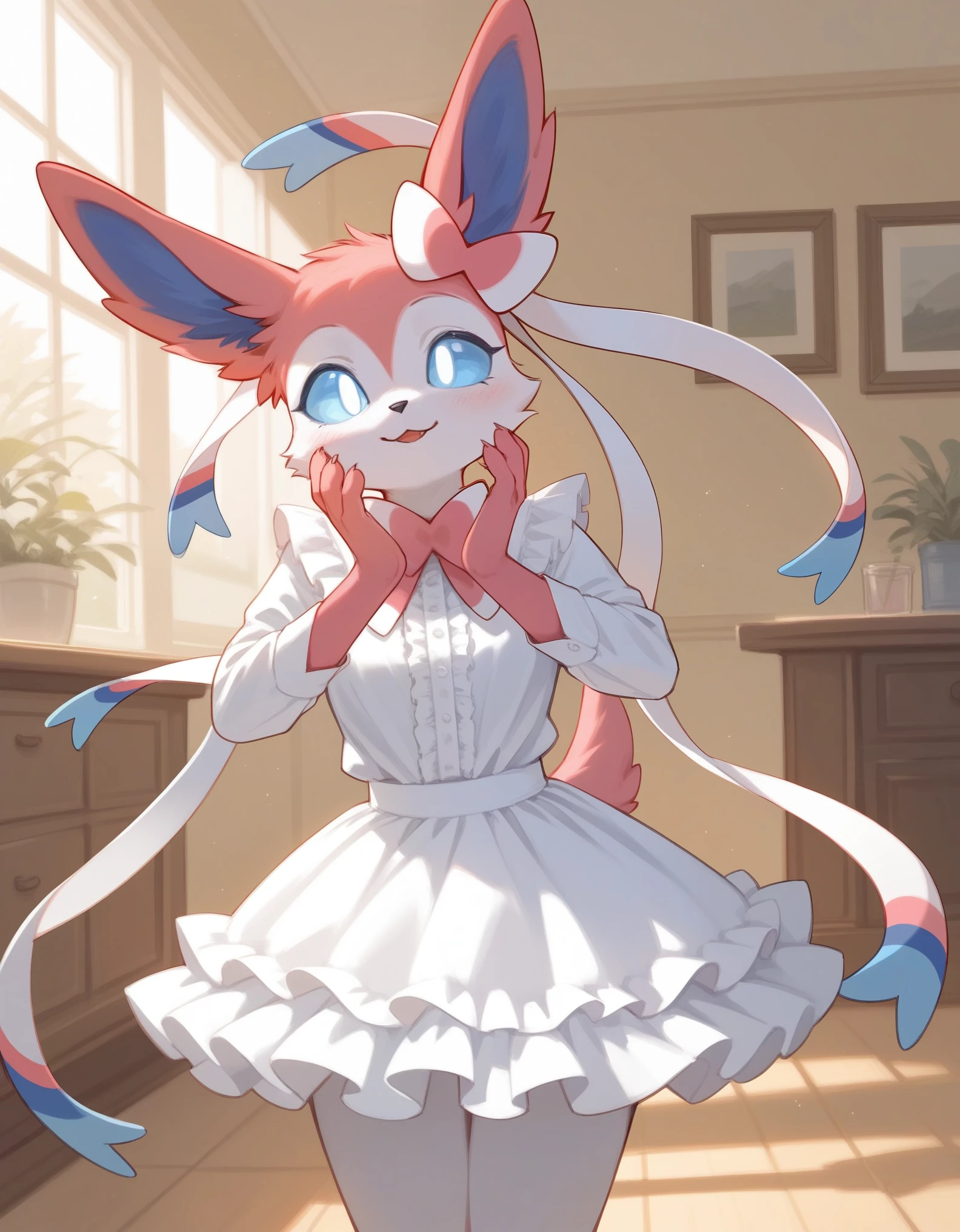 Solo, score_9,score_8_up,score_7_up,  an anthro furry female sylveon, blue sclera, white eyes, wearing pink blouse, white shirt frilly skirt, indoors, bashful pose, hands to her face