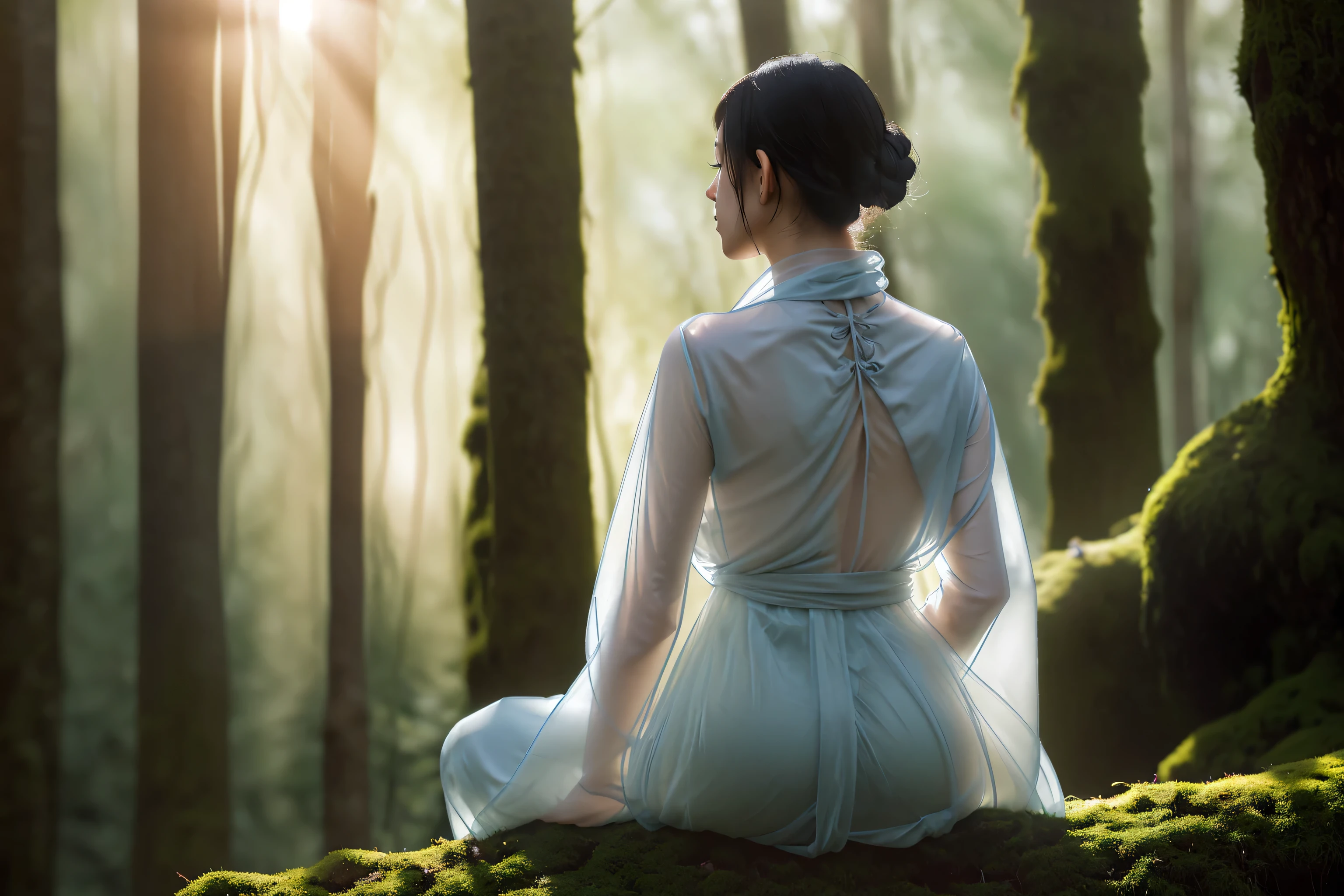 view from behind, A young female monk (Transparent silhouette:1.3), Meditation on a mossy tree in the forest, White soft flowing dress, Create a fantastic atmosphere, A wonderful interweaving of light and shadow, With a tranquil forest as the background, Bokeh, Shallow and deep