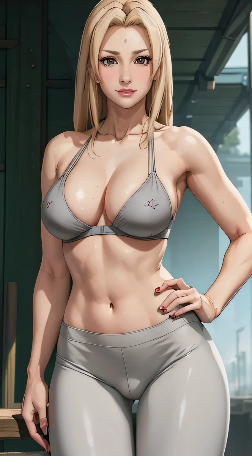 (best quality:1.3), (4k quality),(sharp image), Tsunade, ((Detailed face)), ((masterpiece face)),((perfect detailed eyes)) (blush), Tsunade, blonde hair, (long blonde hair), brown eyes, red lips, red lips, sly face, face with stern features, ((detailed face)), perfect face, highly detailed eyes, ((adult face)), masterpiece, absurdres , (intricate details), (colorful),cinematic lighting, extremely detailed CG unity 8k wallpaper , 1girl, solo, mature female, erected tits, fit body, cameltoe, (((green haori, white tight leggings, grey sport bra))), ((perfect erected medium breast)), fit slim body, standing, spread legs, (((from bottom)))