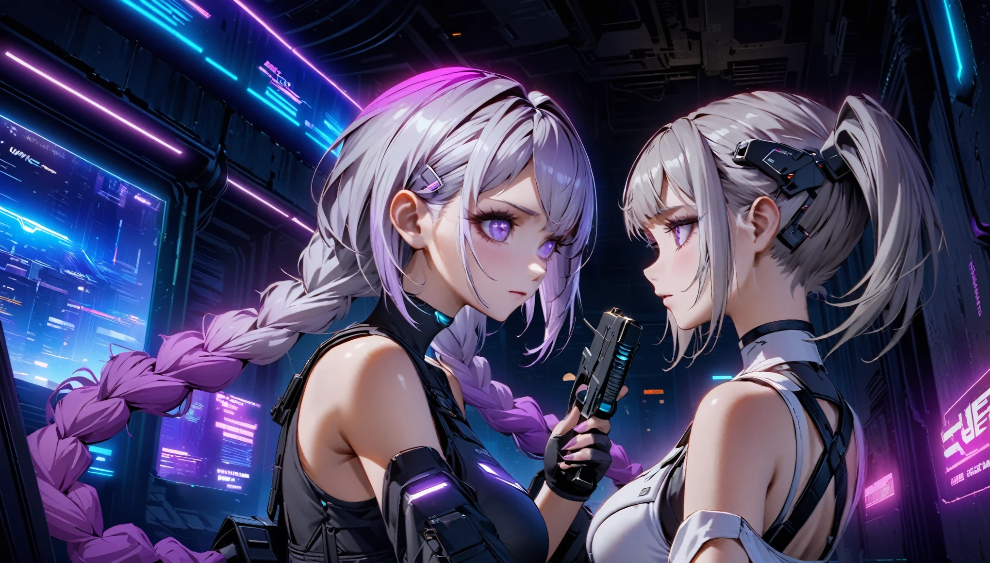 (((Official Art, Unity 8k wallpaper, super detailed, beautiful, beautiful, masterpiece, best quality))), 2 girls, fighting stance, (One of the girls had Short silver hair, black top, Neon Art, cyber punk, arms, Pistol, Rocket Launcher, missile), (The other girl had long purple and white gradation double ponytail twists, bare shoulders, white corset,)，(purple and white gradation color hair:1.1), background is a cyberpunk city