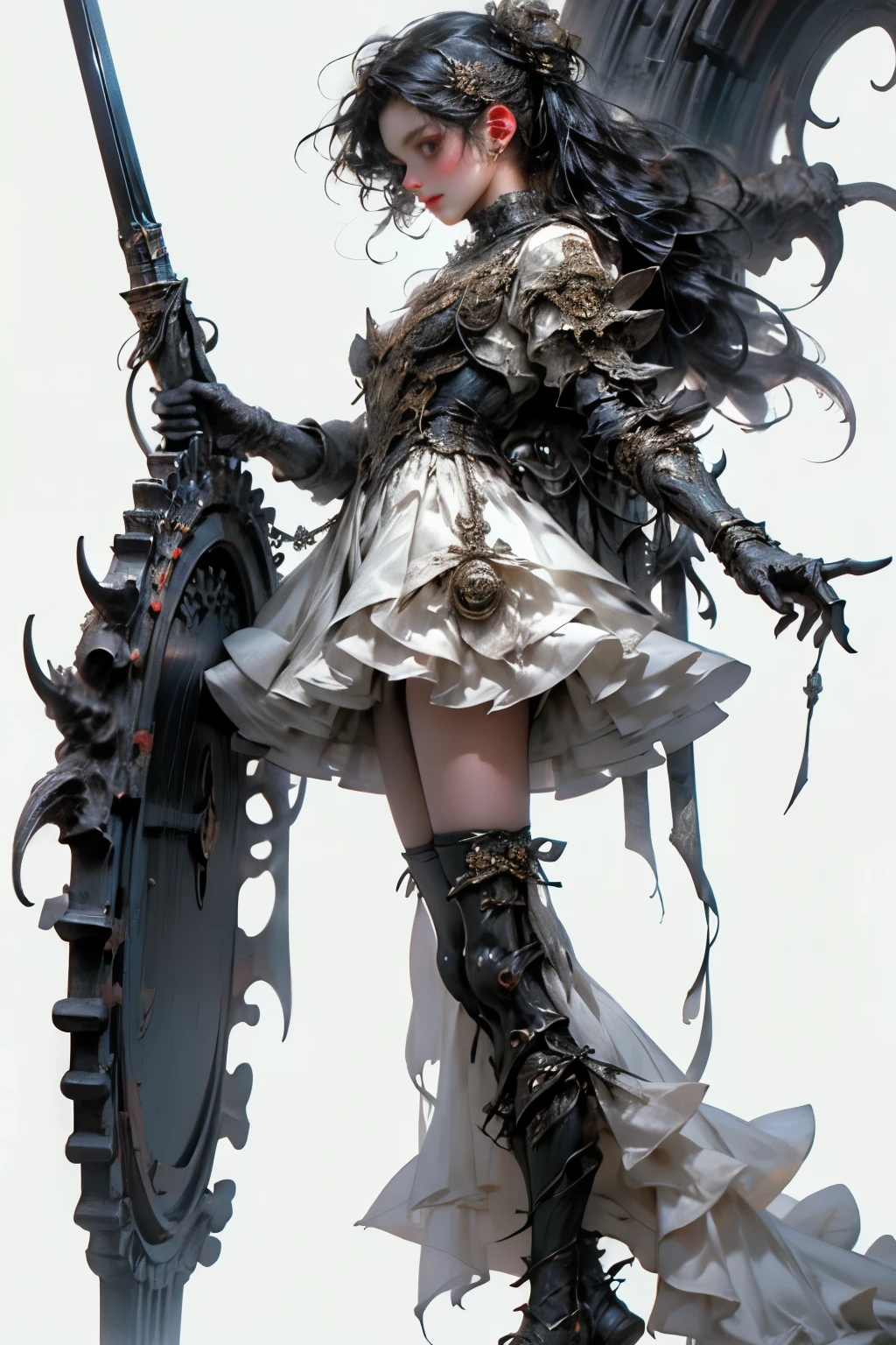 ((best quality)), ((masterpiece)), (detailed), perfect face ((best quality)), ((masterpiece)), (detailed), blank white background, plain background, white background, Bloodborne inspired,  occult aesthetic, occult, detailed and intricate steampunk and detailed gothic, (zentangle, mandala, tangle, entangle),  NSFW, torn clothing, Very dramatic and cinematic lighting, cosmic horror, grim-dark, side-lighting, perfect face, a beautiful goddess adorned and enshrined in armour, Bloodborne inspired , occult aesthetic , occult , detailed and intricate steampunk and detailed gothic , wielding a sword and holding a shield, NSFW, Fluttering lace flared short dress with frilly petticoats, knee length dress, pleated petticoats, lolita dress, petticoats gothic lolita, side-lighting, gothic lolita aesthetic, beautiful small breasts, small breasts, full body, whole body, body, plain background, white background, blank background, no background, white background NSFW, full body, whole body, head-to-toe
