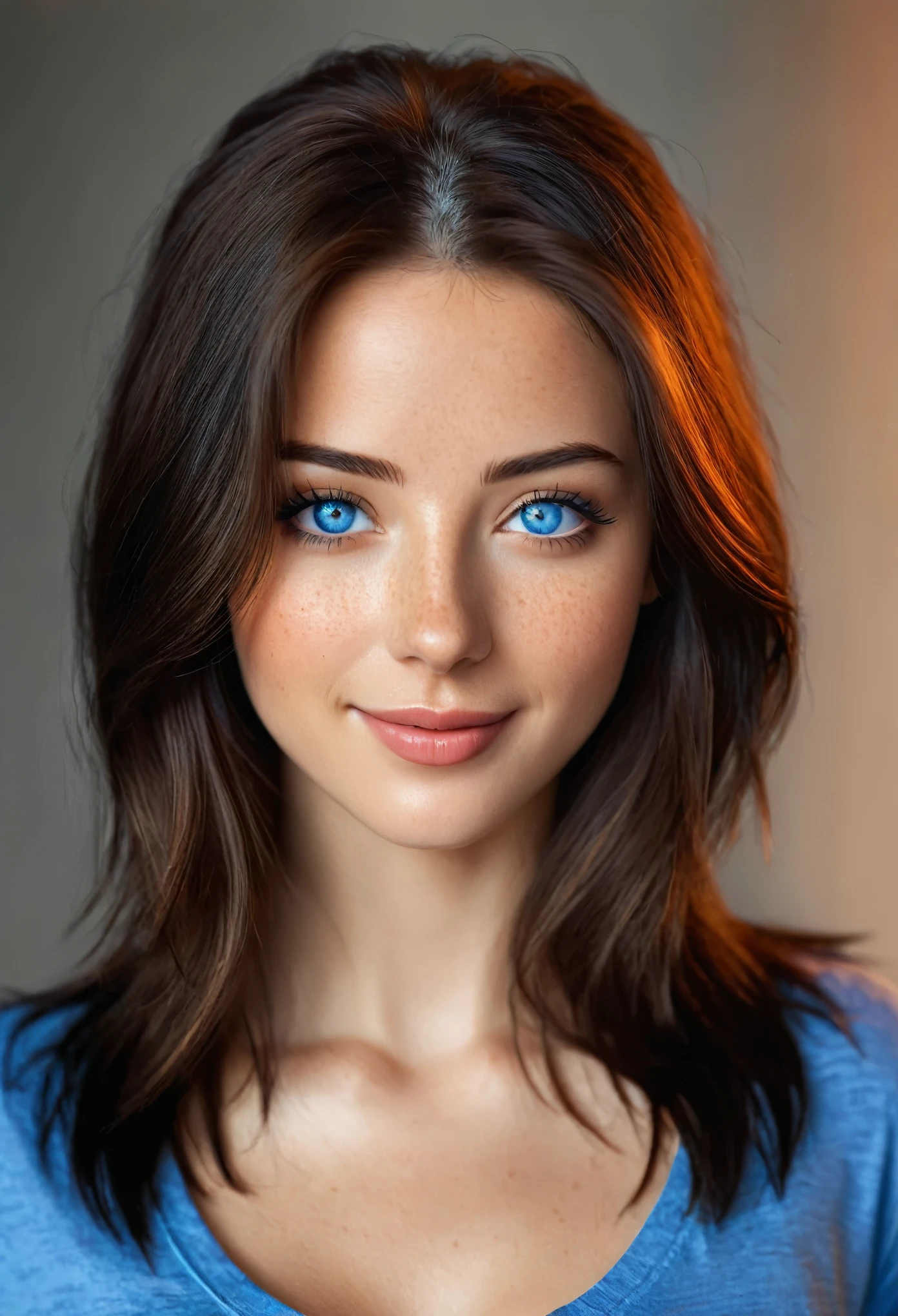 hyper realistic,,aqheodd, realistic style, a woman with long hair and blue eyes, 1girl, solo, long hair, breasts, looking at viewer, smile, blue eyes, brown hair, shirt, black hair, closed mouth, upper body, short sleeves, multicolored hair, blurry, lips, blurry background, blue shirt, t-shirt, freckles, realistic, nose, detailed, warm colors, light, clear, beautiful, modern, romantic, intricate, elegant, pretty, attractive, gorgeous, breathtaking, loving, caring, generous, dramatic, artistic, highly thought, fancy, charming, sacred, very inspirational, fine, vibrant, color, shiny, glowing, transparent, sharp focus, colossal, magnificent