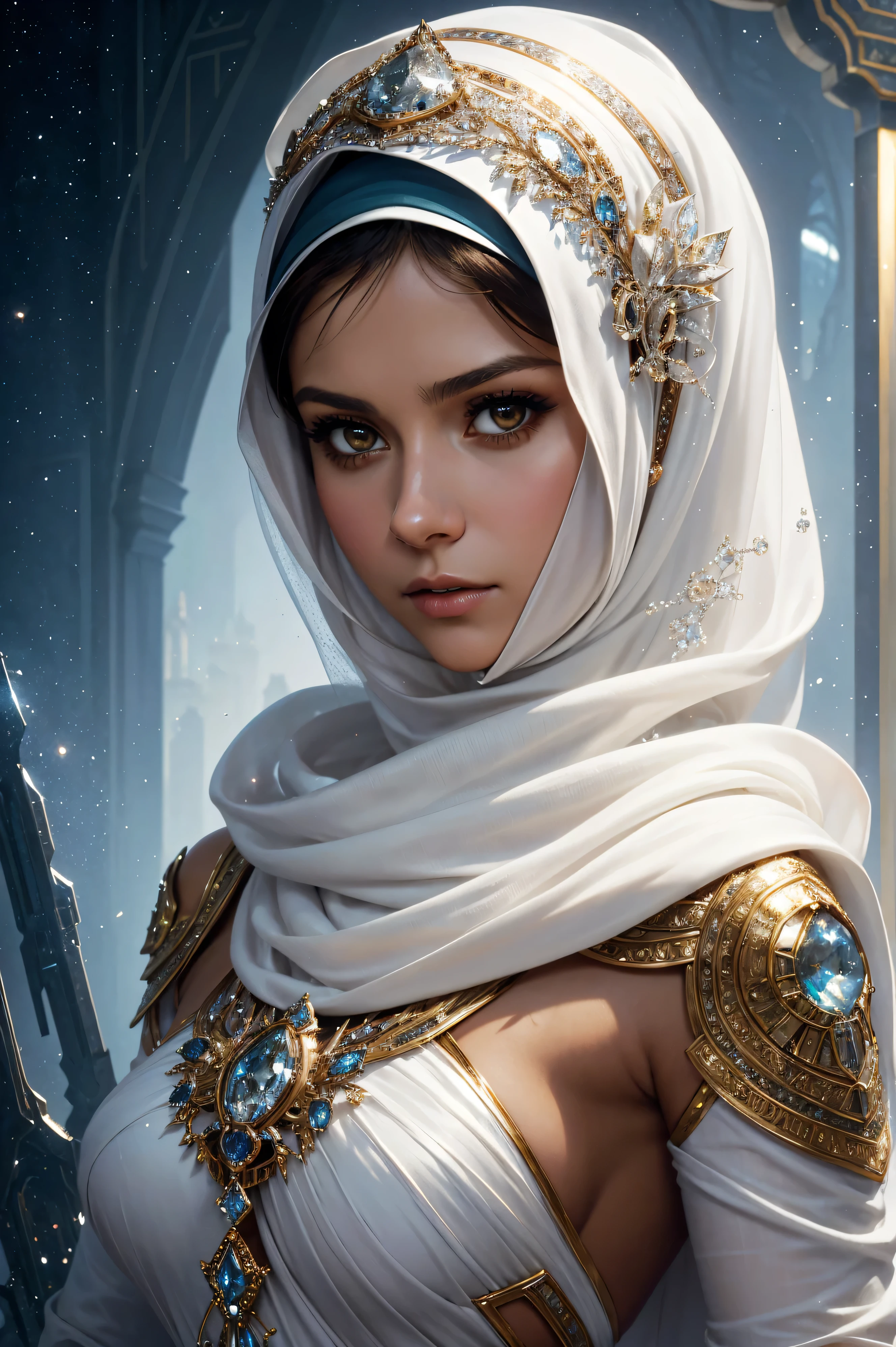 A seksi beautiful portrait Nina Dobrev wearing a hijab made of white with jewelry and diamonds as room in rome profile picture by greg rutkowski, dynamic pose, intricate, futuristic, fantasy, elegant, by stanley artgerm lau, greg rutkowski, thomas kindkade, alphonse mucha, loish, norman rockwell