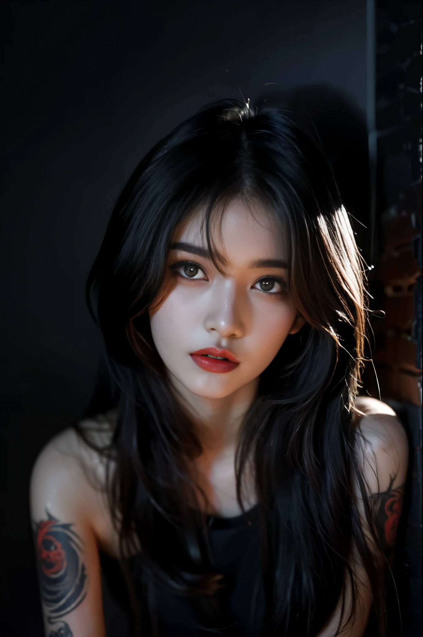 (High resolution,Practical) Long hair girl,skirt, Beautiful demon woman from hell, (in the darkness: 1.6), Very rich facial details，Red-black lips, Shoulder devil tattoo，rugged, Moderate: Detailed facial features, Determine the expression, Dark background