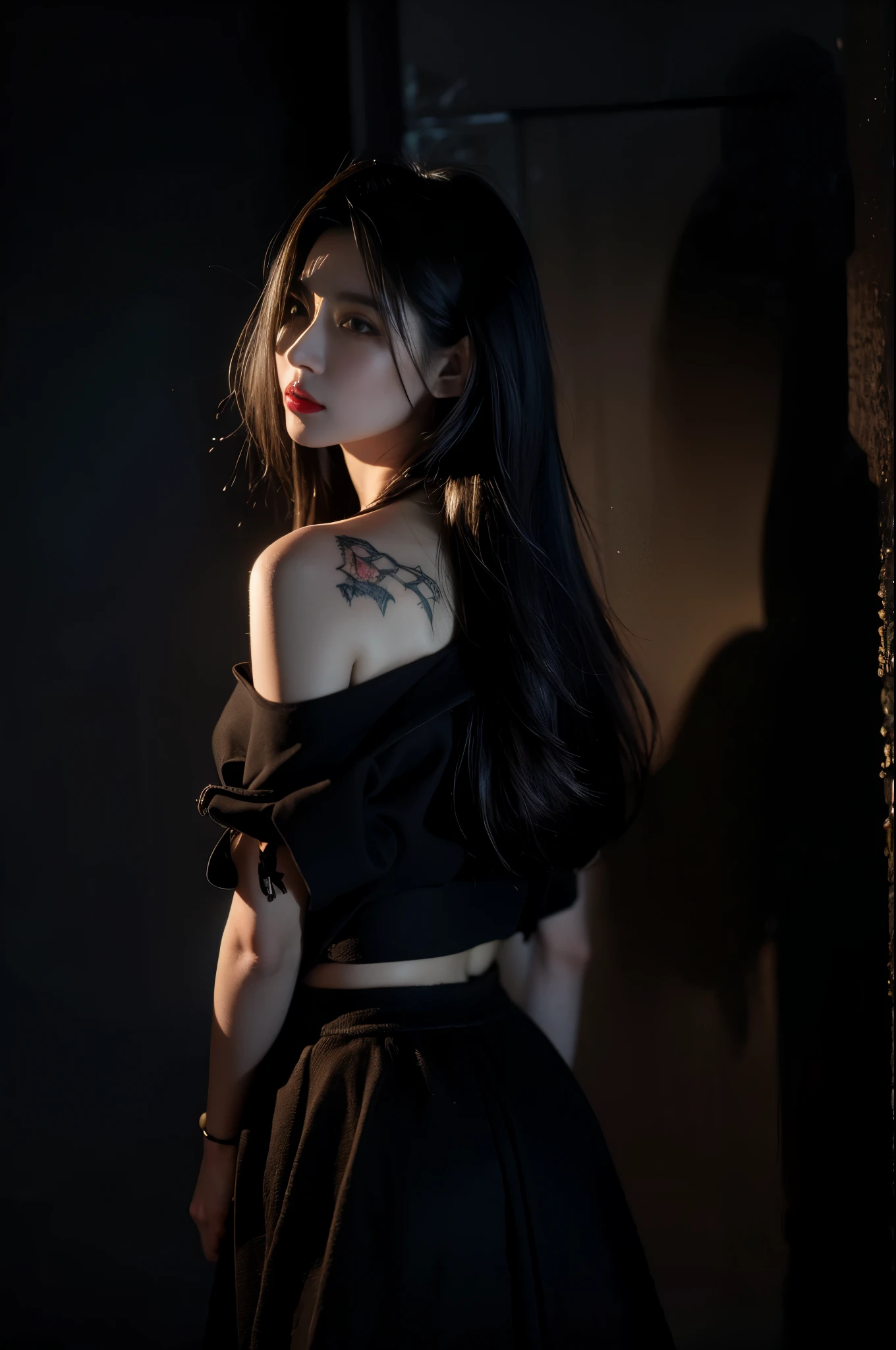 (High resolution,Practical) Long hair girl,skirt, Beautiful demon woman from hell, (in the darkness: 1.6), Very rich facial details，Red-black lips, Shoulder devil tattoo，rugged, Moderate: Detailed facial features, Determine the expression, Dark background