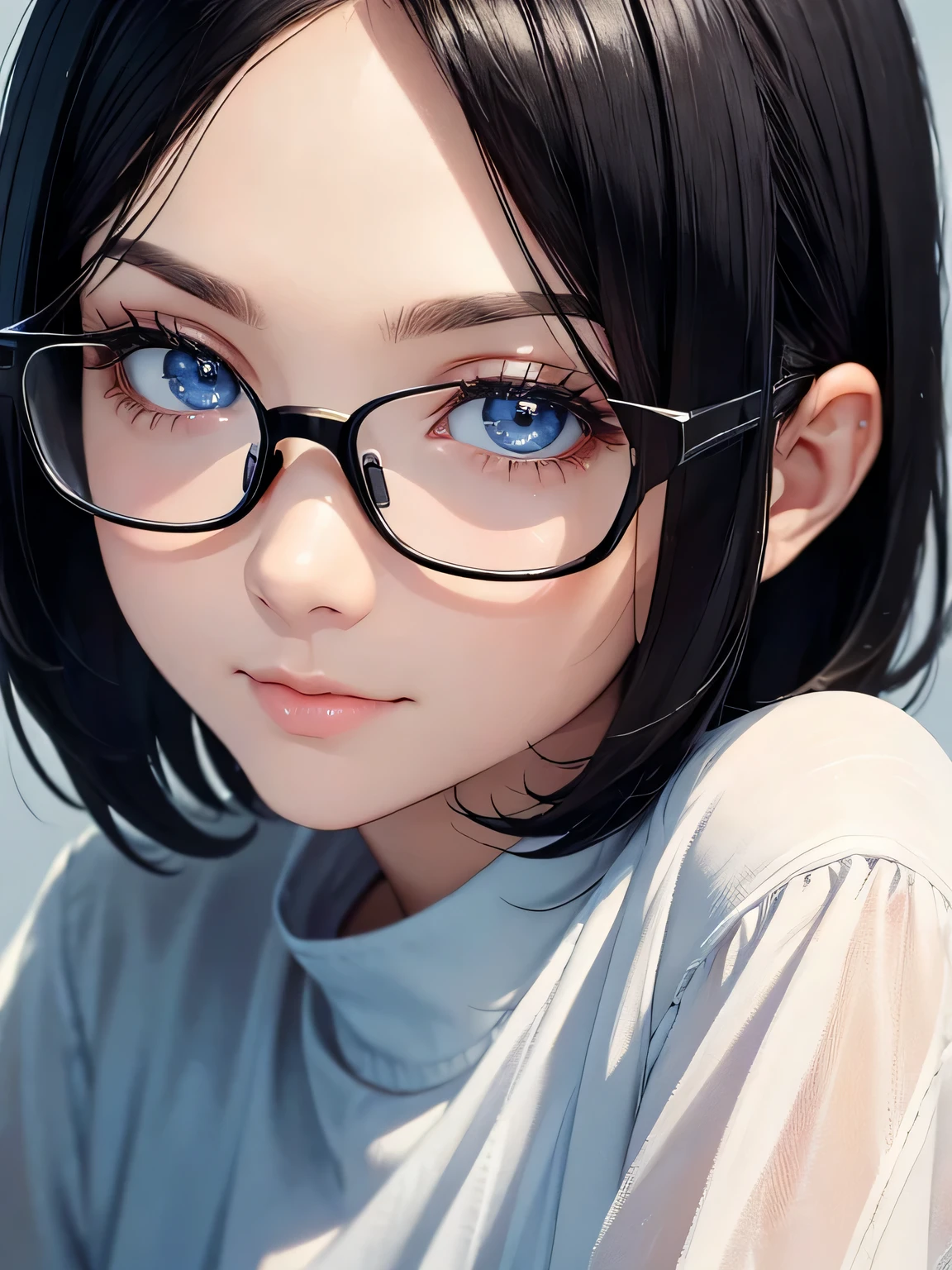 (highres, high lighting, 4k), blue rimmed glasses, long face, 1girl, face, detailed face, blue eye, garden, very short hair, she has a butterfly on her head, close up face, sun in mid day, smile, :), looking at viewer, close - up intensity, blue dress, eyes half closed,