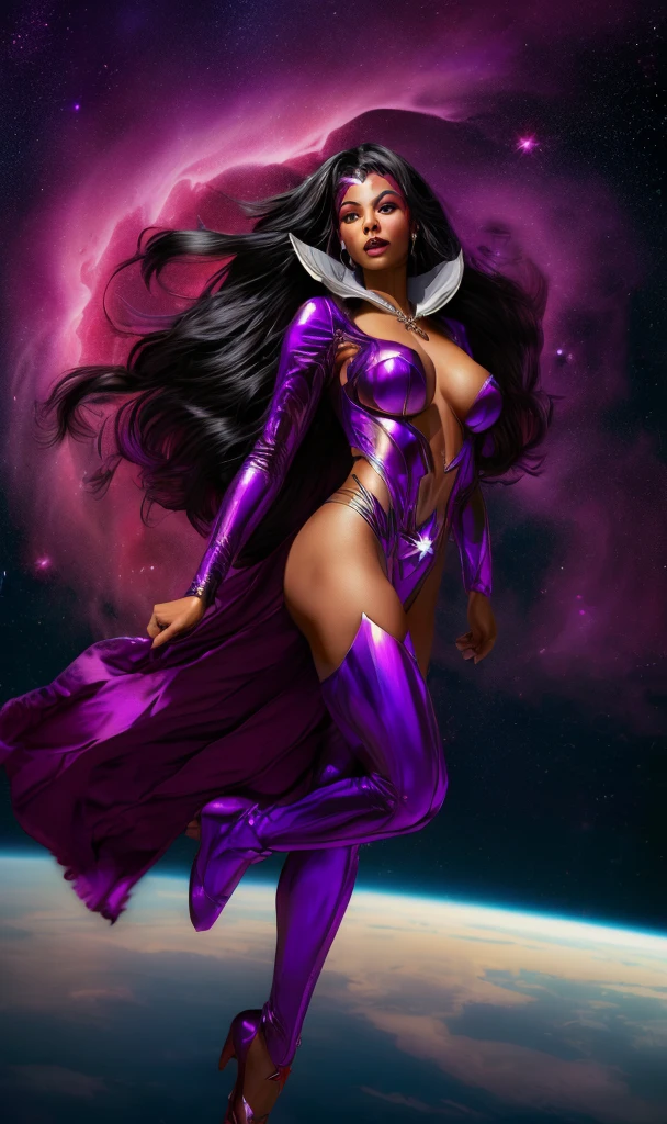 ((stsapph2024)) a beautiful black woman with tawny skin, long black hair, wearing a violet suit, floating in space, 5 detailed fingers, high quality, masterpiece, photorealistic, raw photo, depth of field, full body