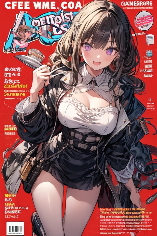 1 girl, small nose, very beautiful detailed face and eyes, bright colors, cute face, delicate beautiful face, Bright magenta eyes, cute eyes, sparkling eyes, Big eyes, (small breasts:1.3), (perky chest:1.1), (pointed chest:1.0), (ramen magazine cover:1.1)，highest quality, WorKs of masters, High resolution,BlacK color hair，shiny hair, side ponytail,hair between eyes,bangs, (black jacket, real clothes, cleavage, black skirts, black thighhighs, thigh strap, fingerless gloves, single glove:1.2) , spread legs, panties shot, medium hips, glamorous body, white skin, smile, thin pubric hair, super beautiful face, Super beautiful eyes, Super beautiful hair，trendy outfit，sexy and attractive,full body esbian, Real World, Natural light,perfect Natural light,(with sparkling eyes and a contagious smile), This masterpiece is not only visually stunning but also tells,  make of cake cooking , in the kitchen, open mouth, looking at viewer,
