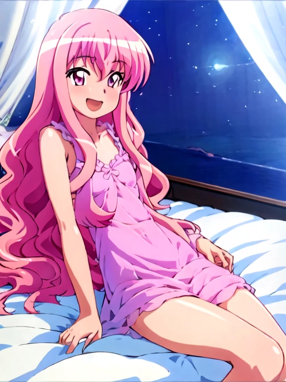 beautiful illustration, (flat anime:1.1), SFW, a girl sitting on bed,open_mouth,,smile,
louise francoise le blanc de la valliere,pink_hair,pink_eyes,long_hair,
pink pajamas ,nightgown,