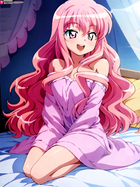 beautiful illustration, (flat anime:1.1), SFW, a girl sitting on bed,open_mouth,,smile,
louise francoise le blanc de la valliere,pink_hair,pink_eyes,long_hair,
pink pajamas ,nightgown,