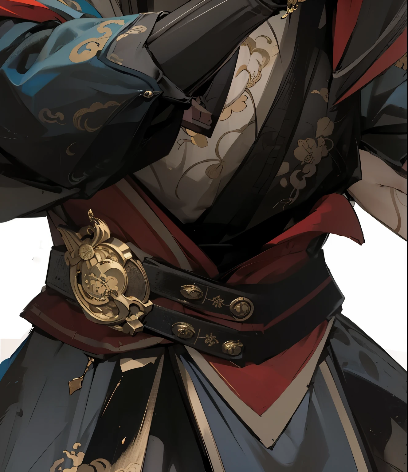 high quality, ,Meticulous portrayal,Clear structure,Clear structure的,Precise construction,,Flying fish suit,Chinese style clothing,Stylish cut,clothing,cloth,belt,Metal,Gold Breastplate