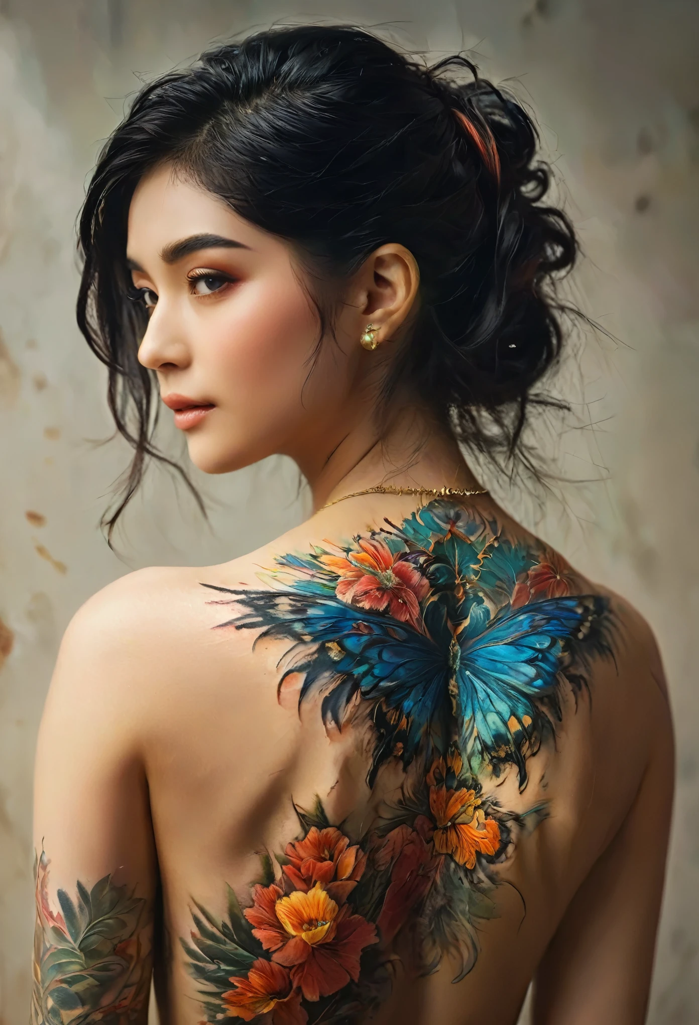 (best quality,4k,8k,highres,masterpiece:1.2),ultra-detailed,(Ultra-realistic, photorealistic,photo-realistic:1.37), from back, a beautiful young Japanese girl with a complex and colorful phenix tattoo on her back, 18yo, Amazing beauty, high nose, intricate detailed fractal tattoo, realistic detailed colorful tattoo, highly detailed body art, delicate female portrait, flawless skin, white skin, piercing eyes, elegant facial features, flowing jet black hair, dynamic pose, dramatic shadows, vibrant colors, fantasy art, digital painting, concept art, hyper realistic, 8k, best quality, her back to the viewer, delicate fractal tattoo on her bare back, professional photography, high quality, detailed, photorealistic, soft natural lighting, warm color palette, serene atmosphere, intricate tattoo details, graceful pose,