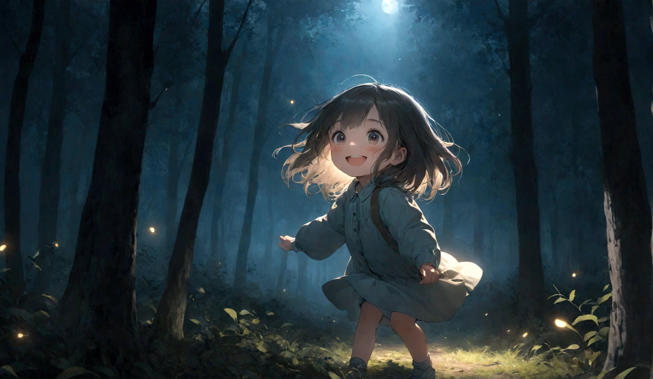 A girl playing in the dark woods looking happy and smiling