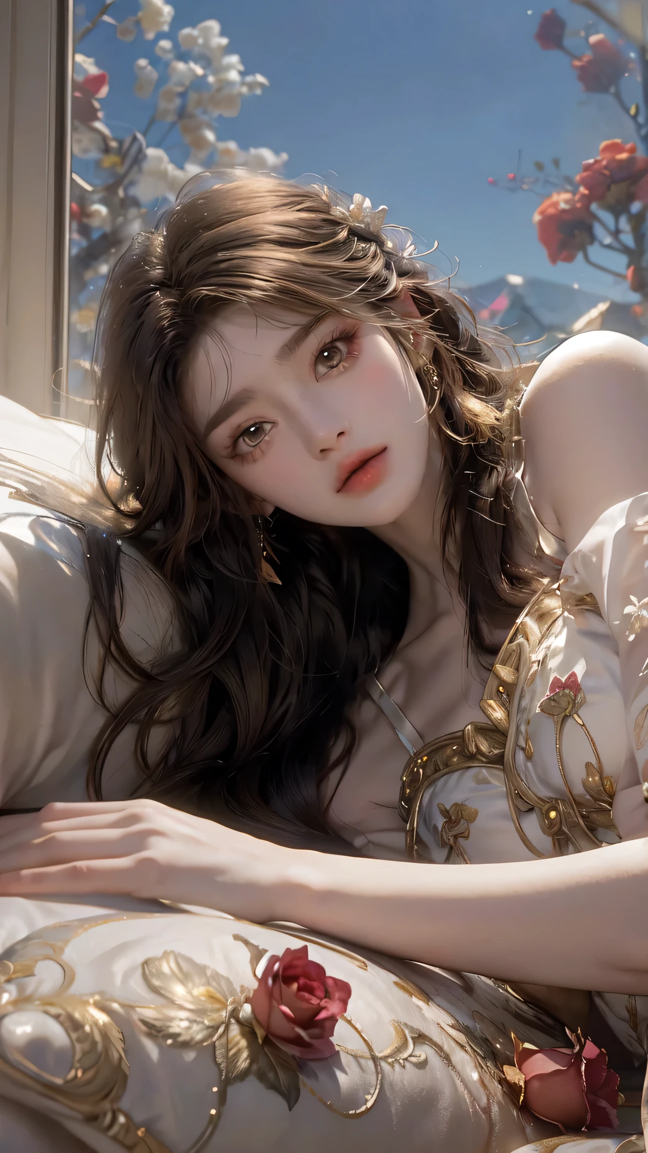 8k, (masterpiece, absurd quality, best quality, official art, beautiful and aesthetic:1.2), professional, vivid color, soft lighting, Octane Render, beautiful really long golden pink haired woman, curtain fringe, yellow eyes, lying on a flower bed, ((lying down)), looking at the sky, best quality, beautiful flowy opaque white dress, goddess, feminine pose, full background, ((silk)), (flowers, roses), indepth background, faroff view, gold, glow, iridescent dress, jewels, window, blue sky, cloud, castle, full body
